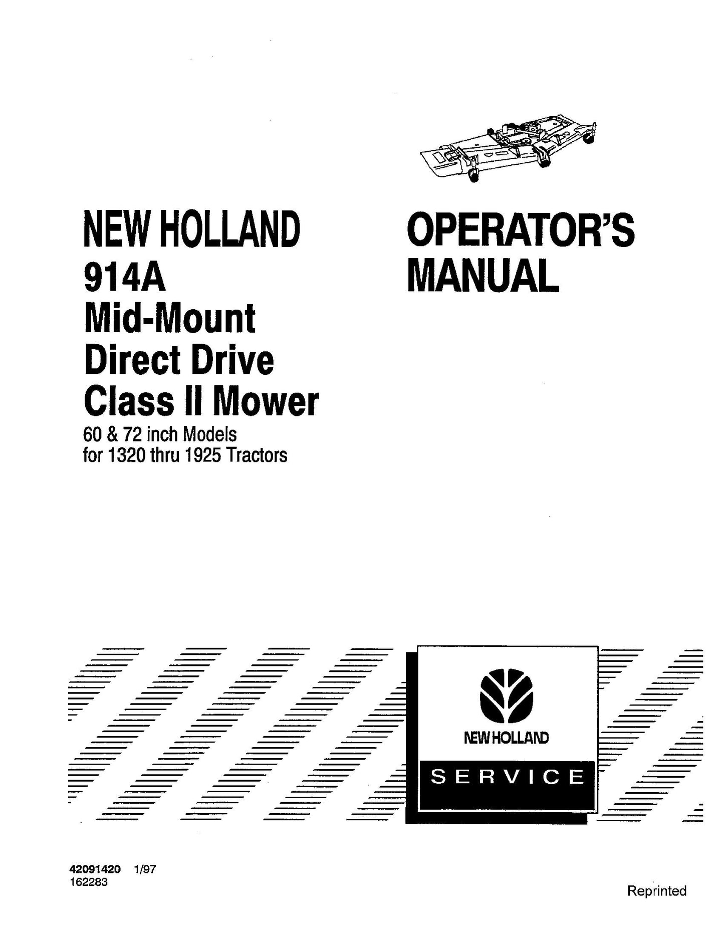 New Holland 914A Mid-Mount Mower Direct Drive ClassII For 1320 1925 Operator's Manual (42091420)