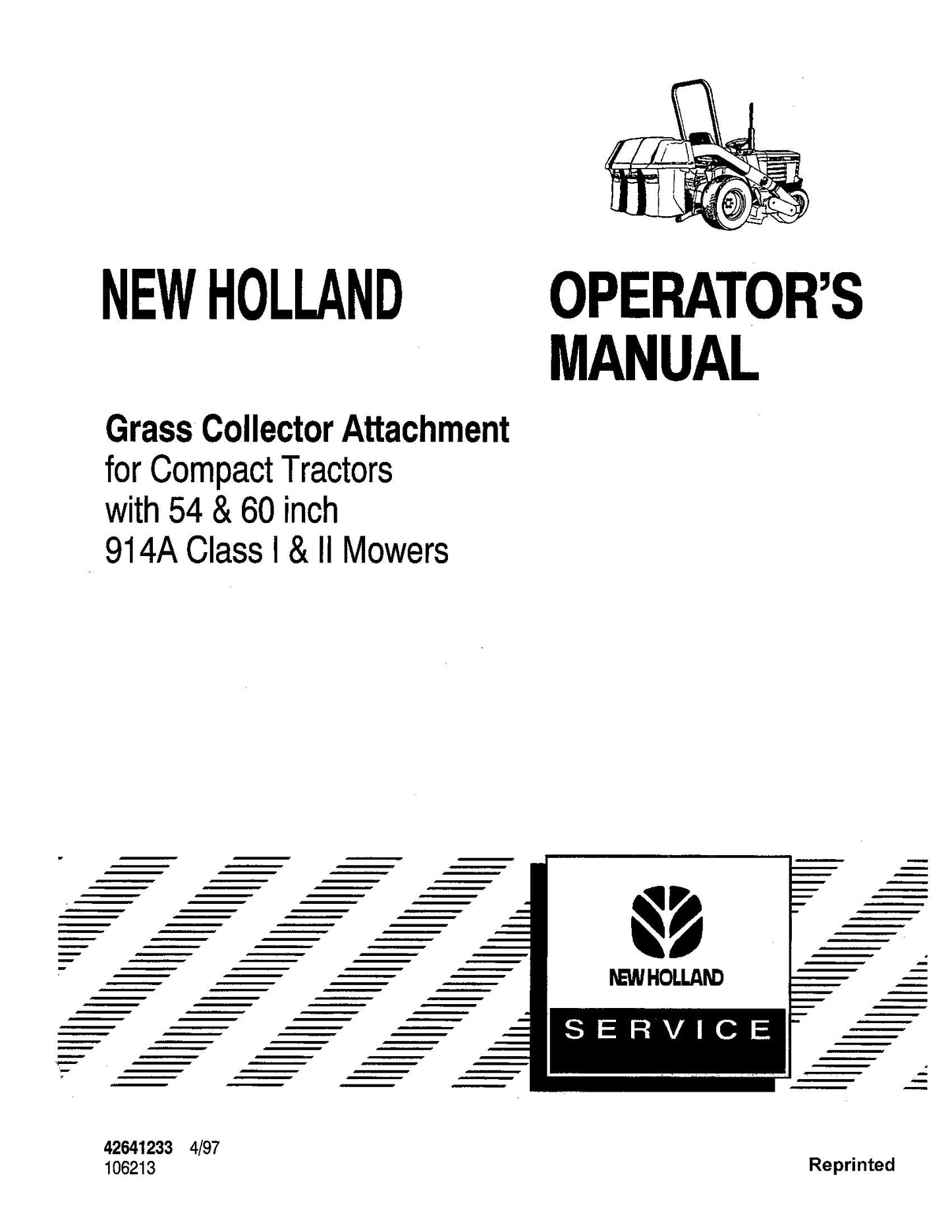 New Holland 914A Class I and II Grass Collector For Compact Tractors Operator's Manual (42641233)