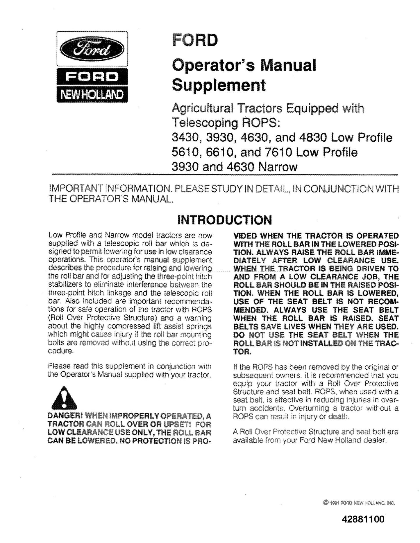 Ford Telescoping Rops Ag Tractor Supplement Operator's Manual (42881100)