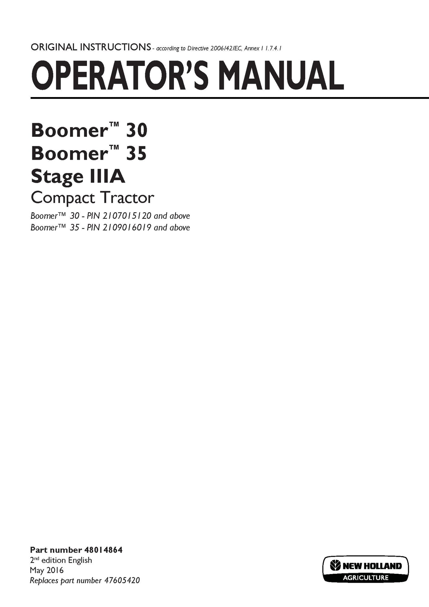 New Holland Boomer 30, Boomer 35 Stage IIIA Compact tractor Operator's Manual (48014864)
