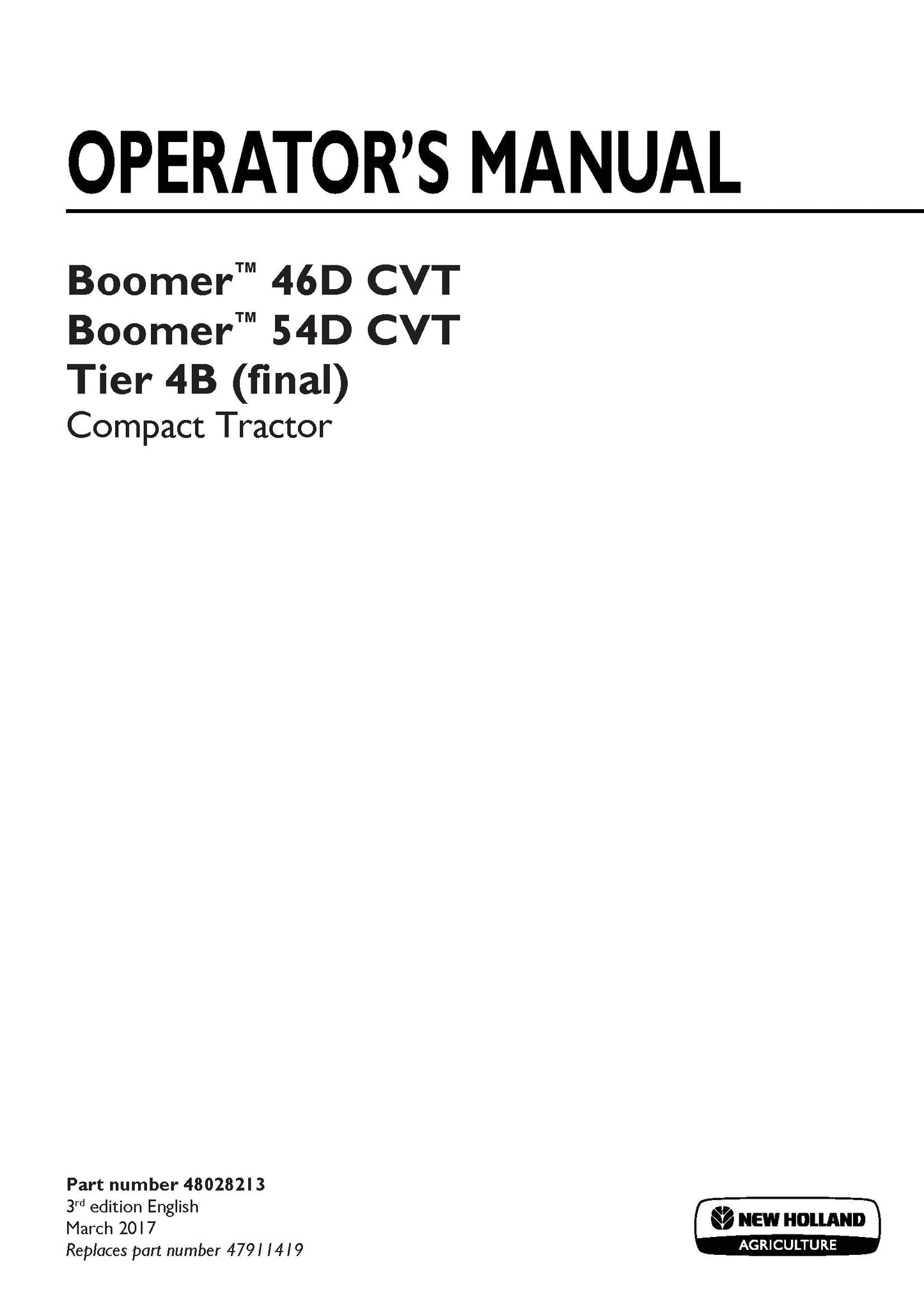 New Holland Boomer 46D CVT, Boomer 54D CVT Tier 4B Compact tractor Operator's Manual (48028213)
