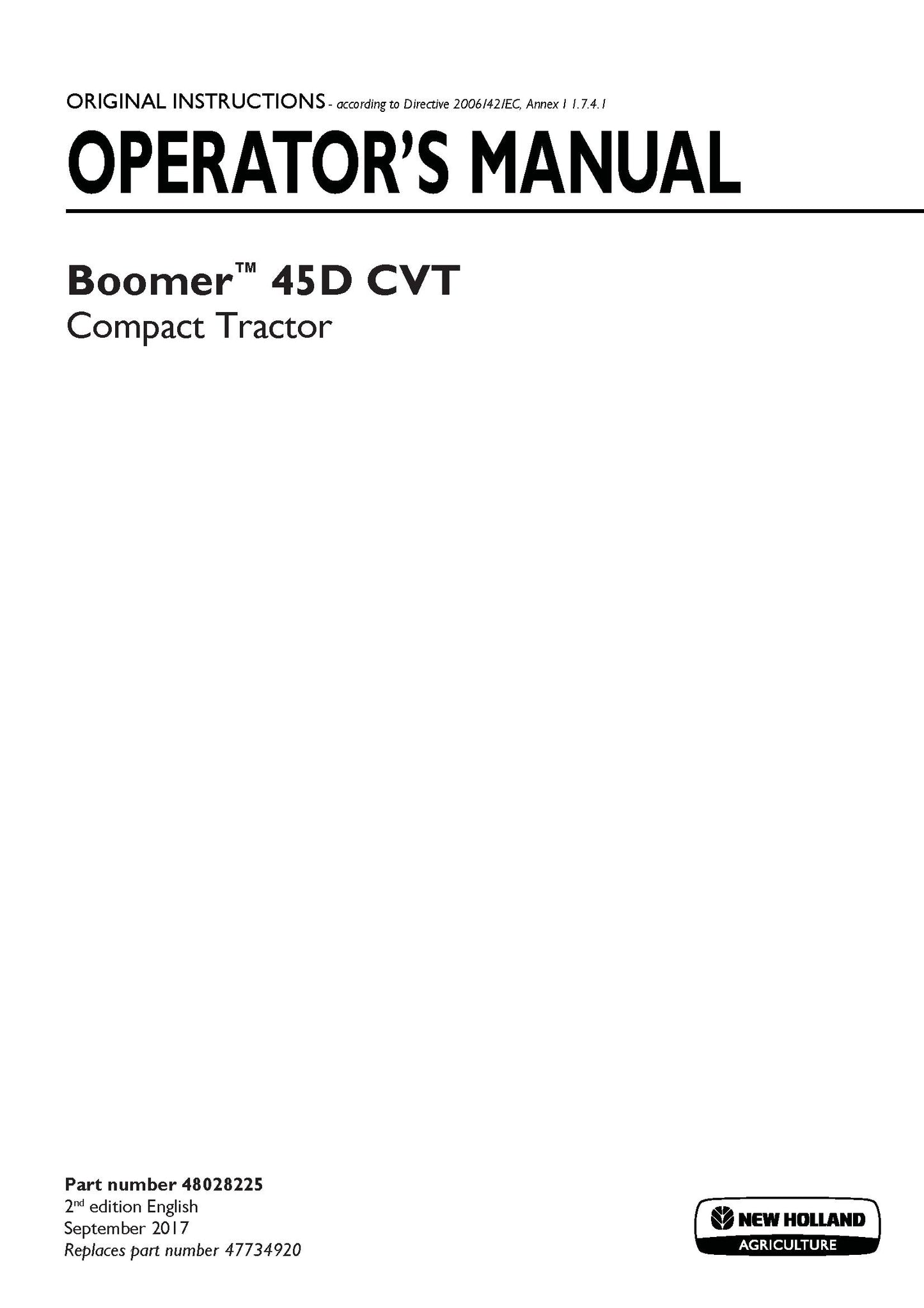 New Holland Boomer 45D CVT Stage IIIA Compact tractor Operator's Manual (48028225)