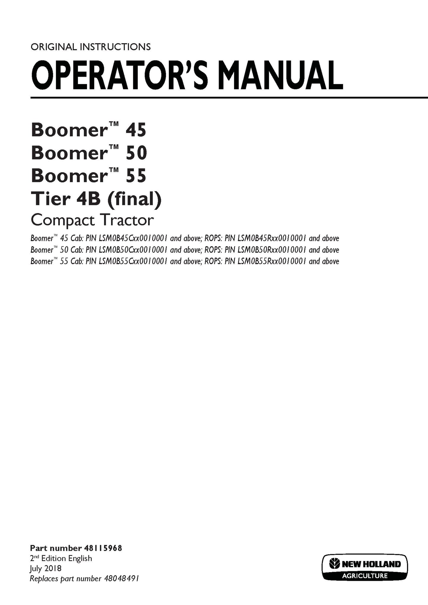 New Holland Boomer 45, 50, 55 Tier 4B compact tractor Operator's Manual (48115968)