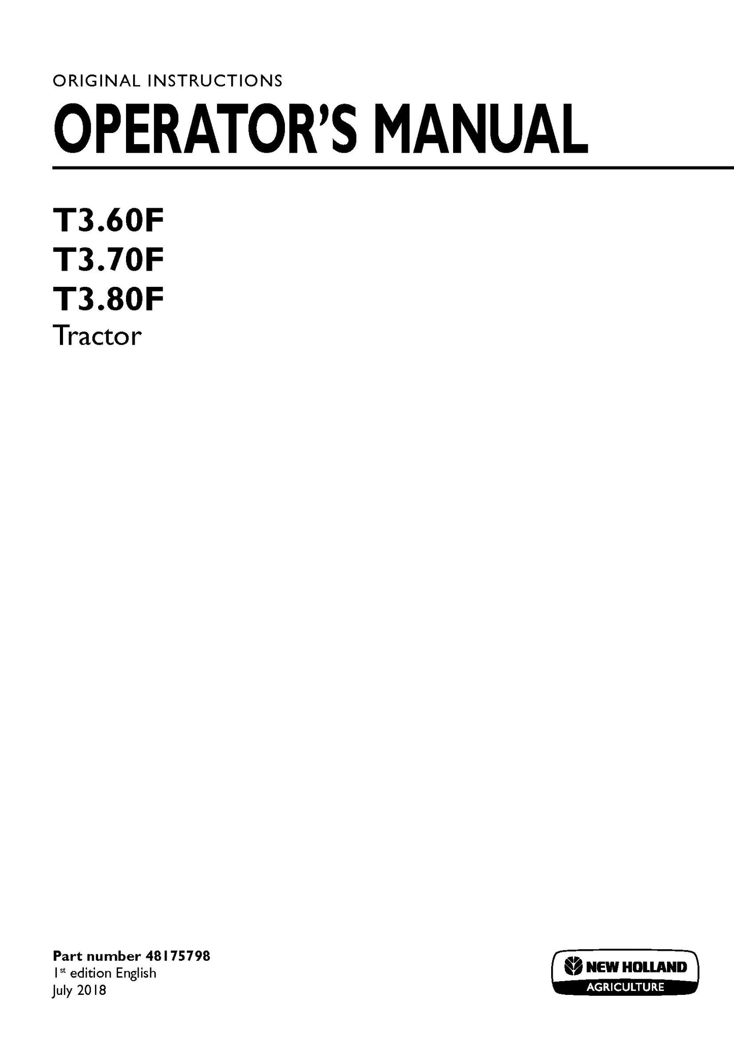 New Holland T360F, T370F, T380F Tractor Operator's Manual (48175798)