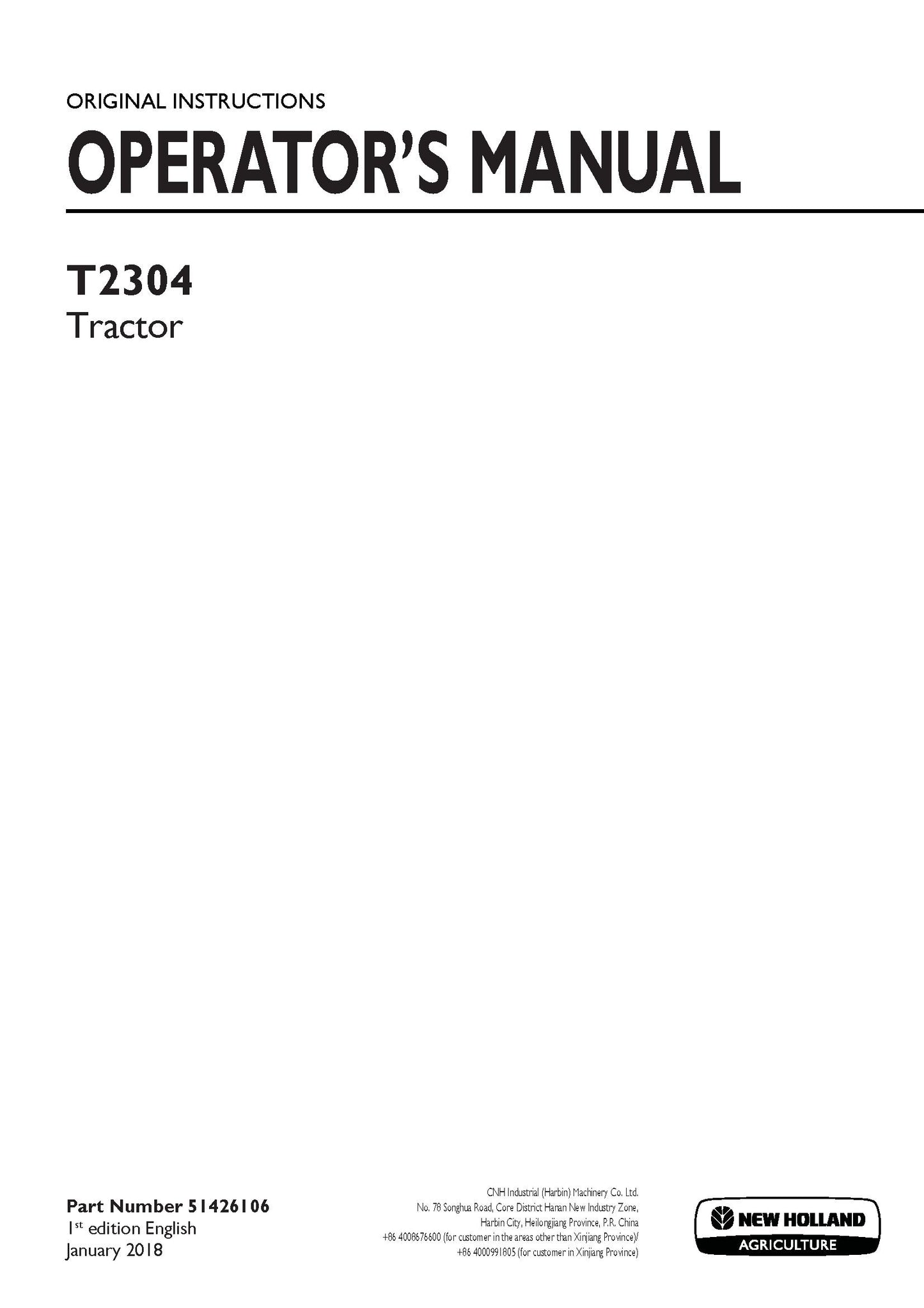 New Holland T2304 Tractor Operator's Manual (51426106)