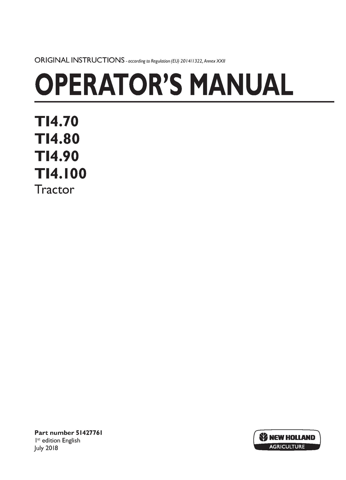 New Holland TI4.70, TI4.80, TI4.90, TI4.100 Stage IIIB Tractor. Operator's Manual (51427761)