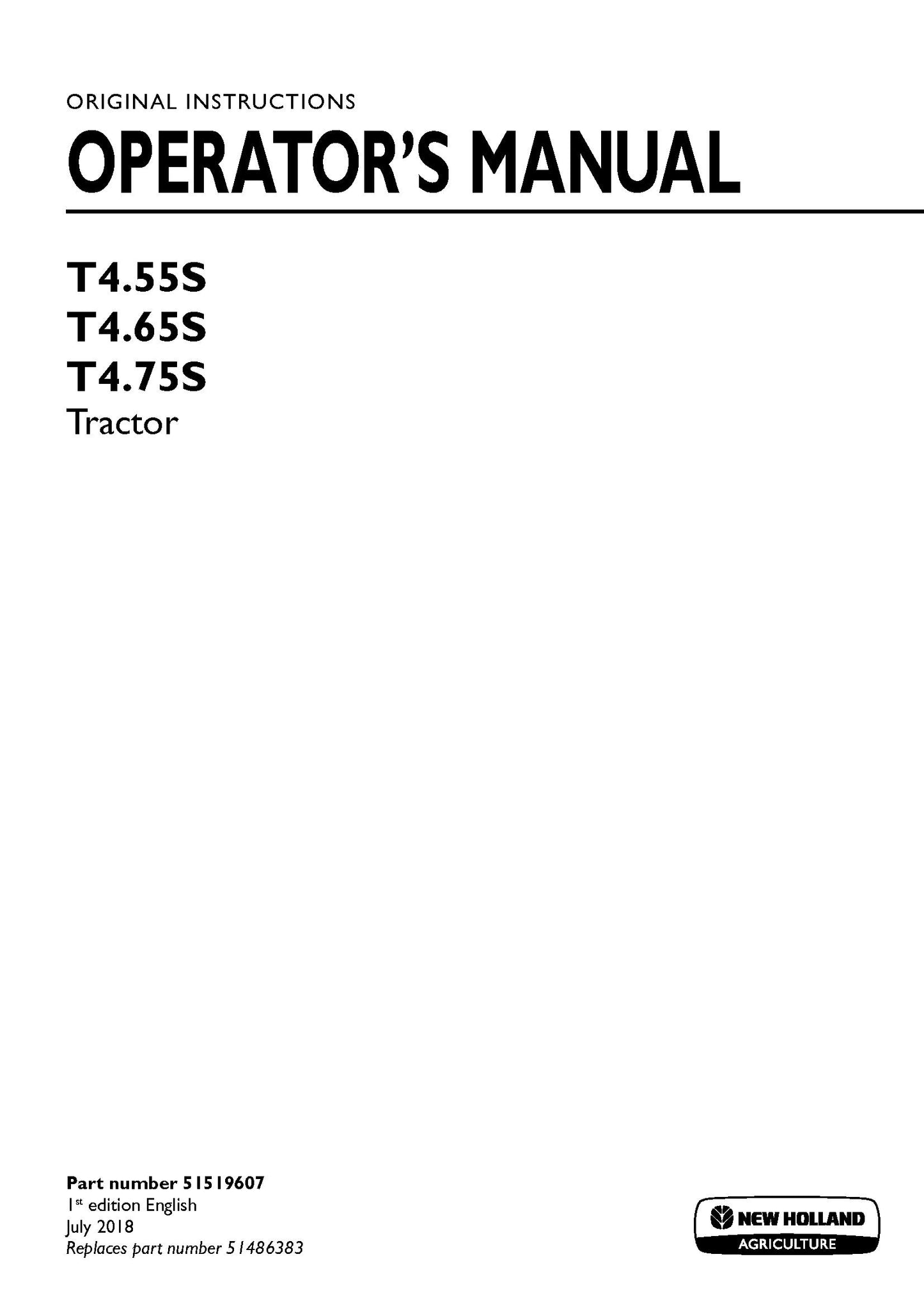 New Holland T455S, T465S, T475S Tractor Operator's Manual (51519607)