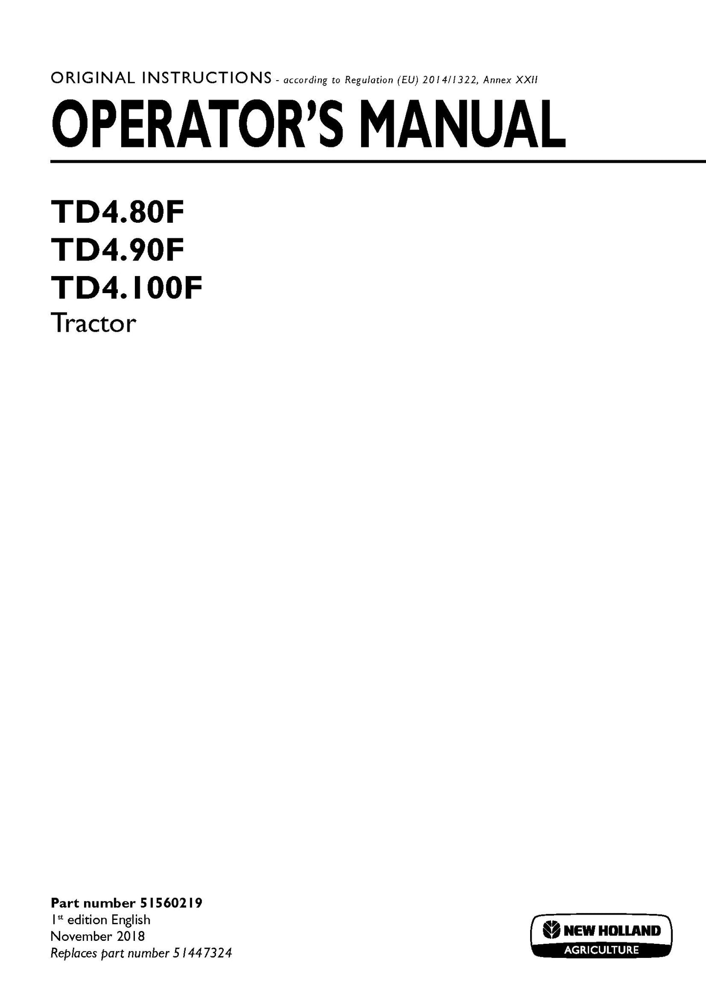 New Holland TD4.80F, TD4.90F, TD4.100F Tractor Operator's Manual (51560219)
