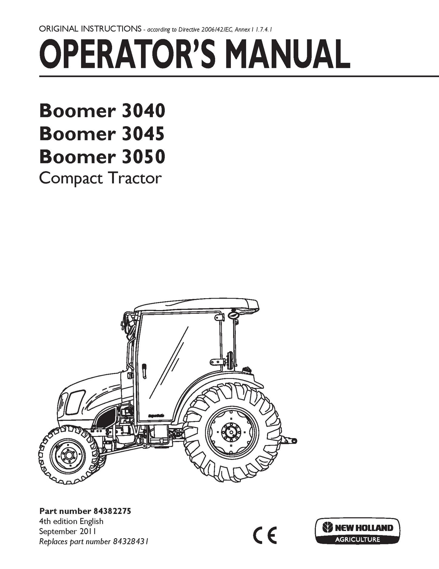 New Holland Boomer 3040, Boomer 3045, Boomer 3050 Compact Tractor Operator's Manual (84382275)