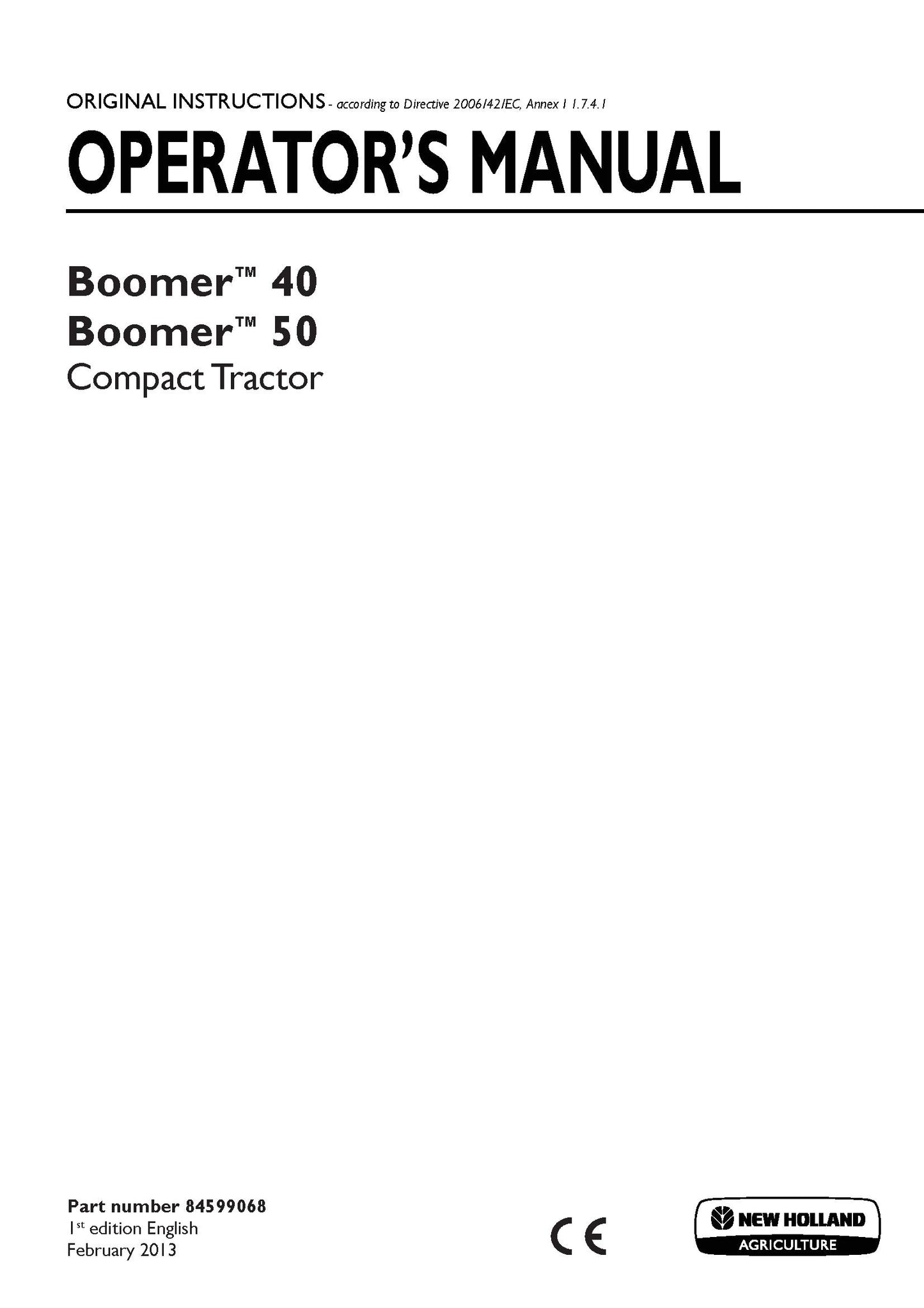 New Holland Boomer 40, Boomer 50 Compact Tractor Operator's Manual (84599068)
