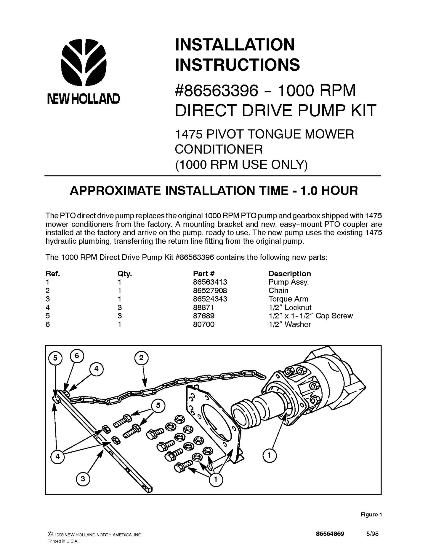 New Holland 1475 1000 Rpm Dd Pump Ii Operator's Manual (86564869)