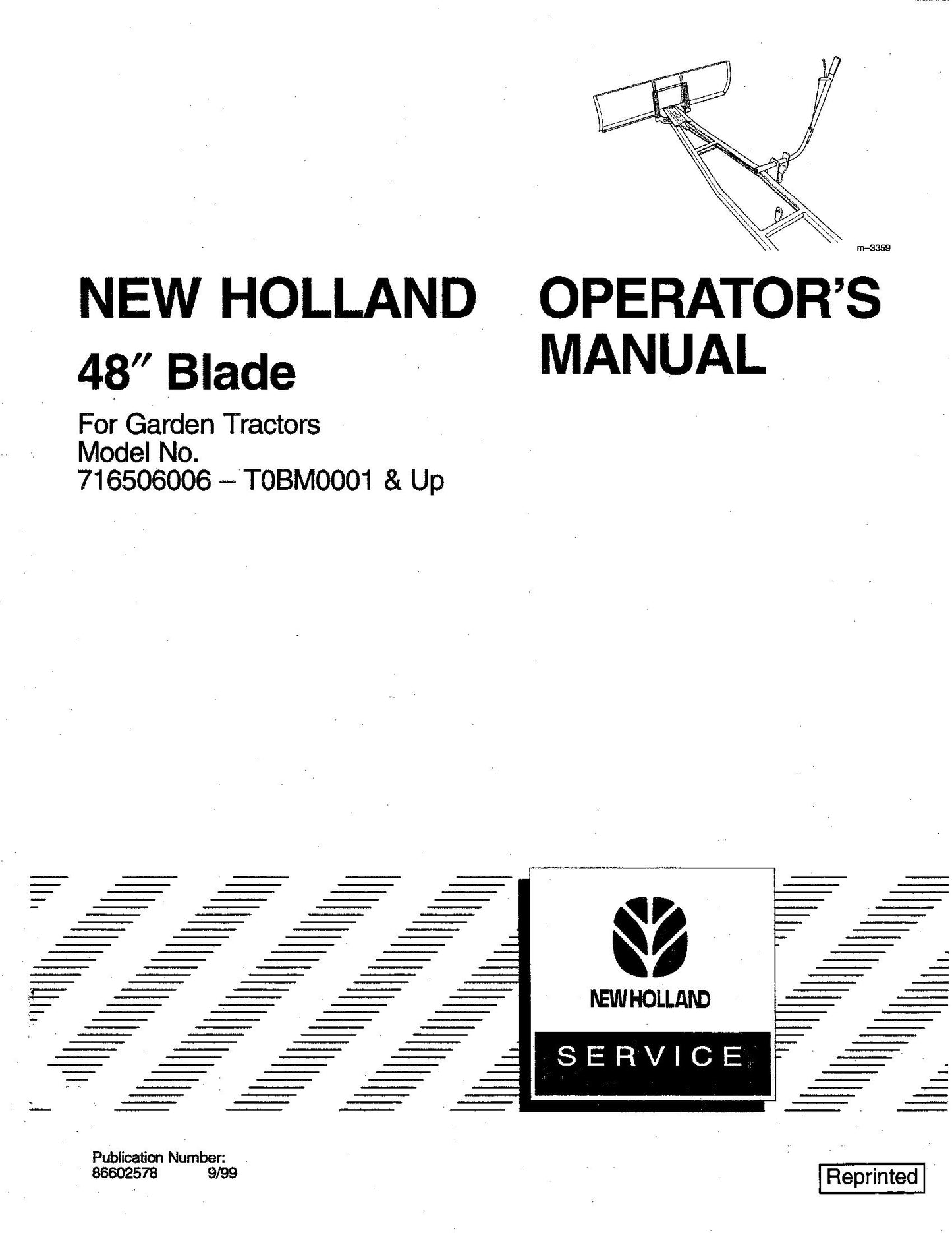 New Holland 48 Inch Dozer Blade for Garden Tractors Operator's Manual (86602578)