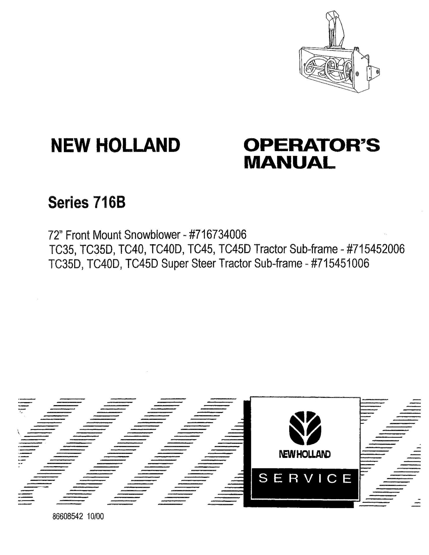 New Holland 716B 72 inch front Mount Snowblower for Tractors Operator's Manual (86608542)