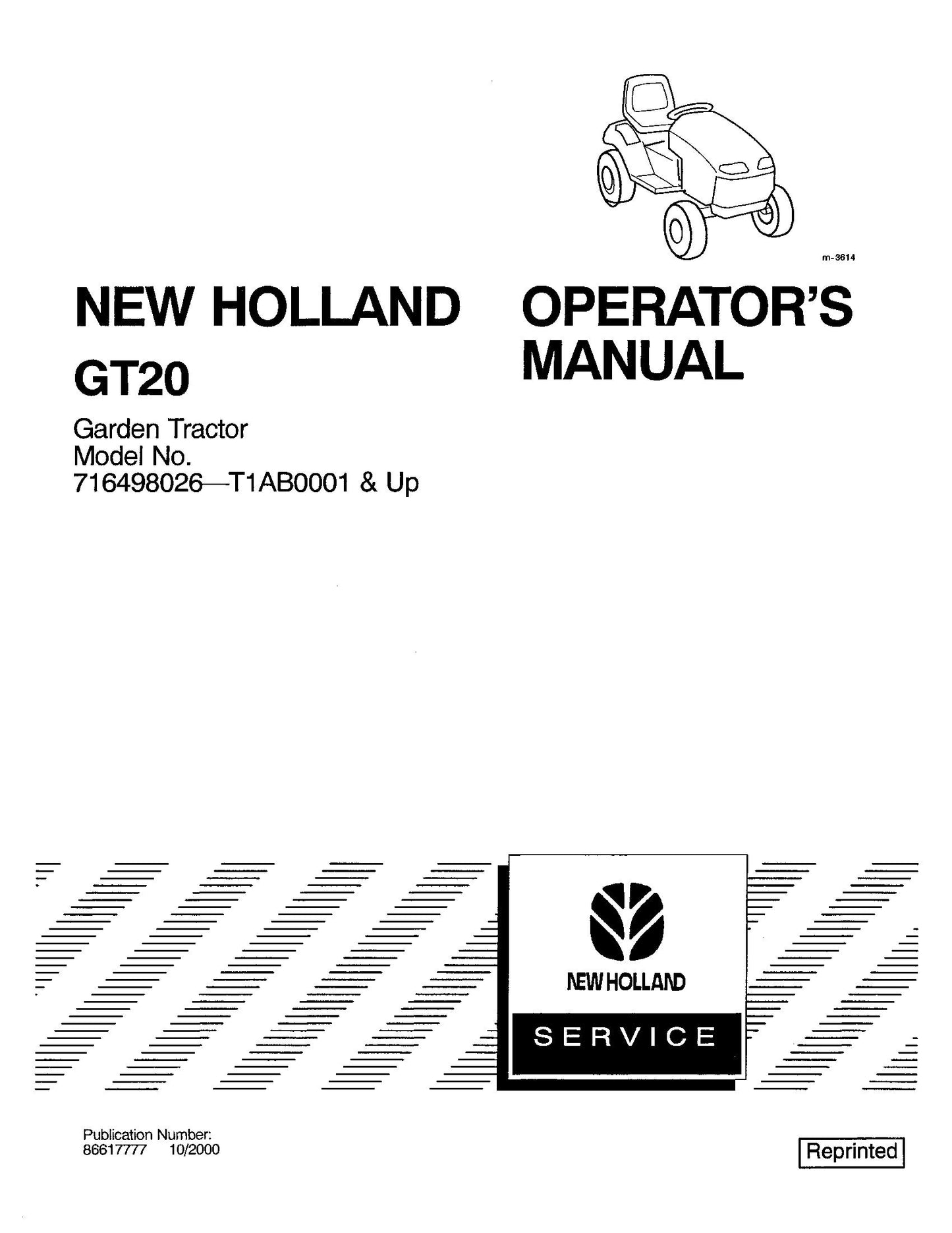 New Holland GT20,A Garden Tractor 716498026-T1AB0001 & up Operator's Manual (86617777)