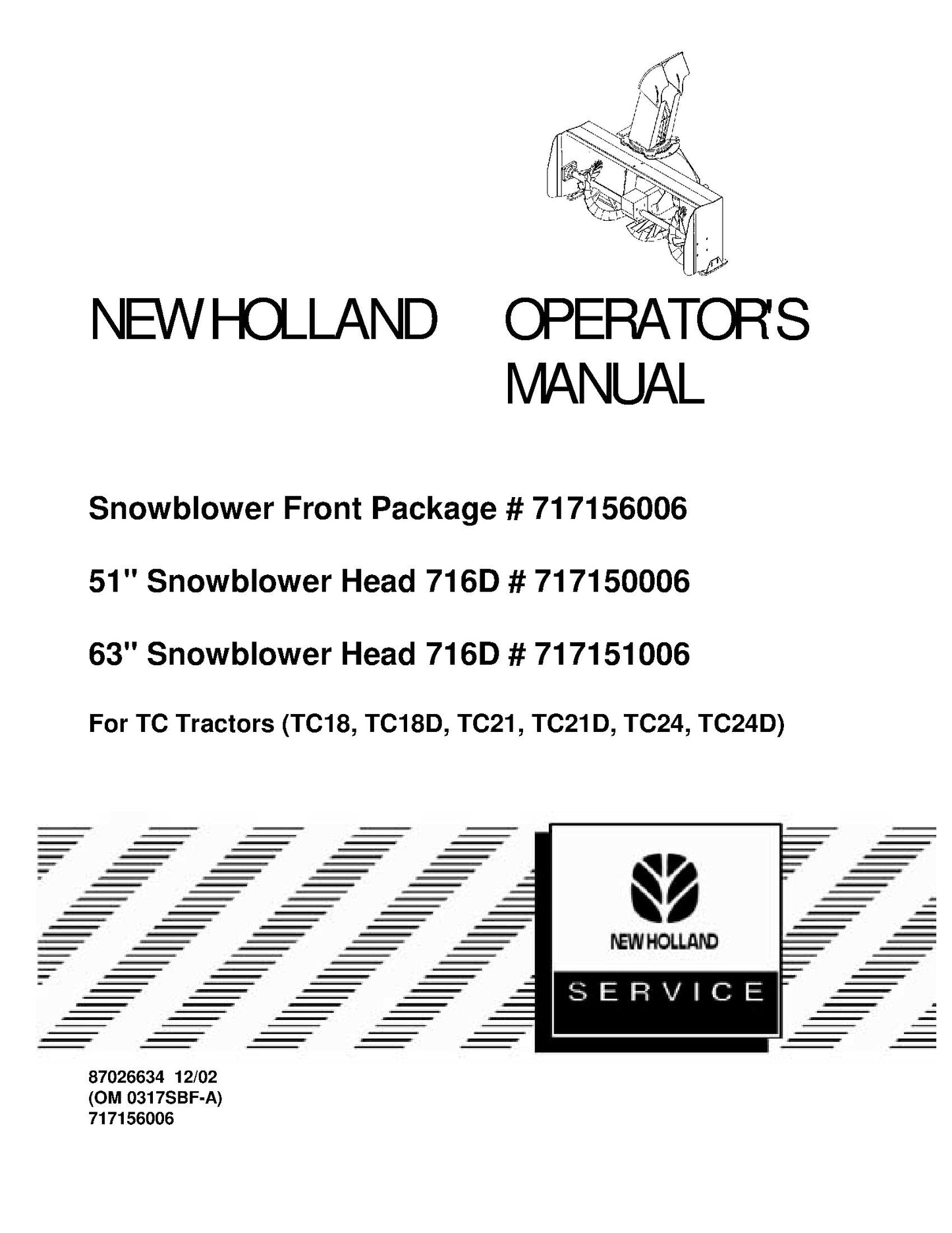 New Holland OM Snowblower Front Package For Tc & Tcd Tractors Operator's Manual (87026634)
