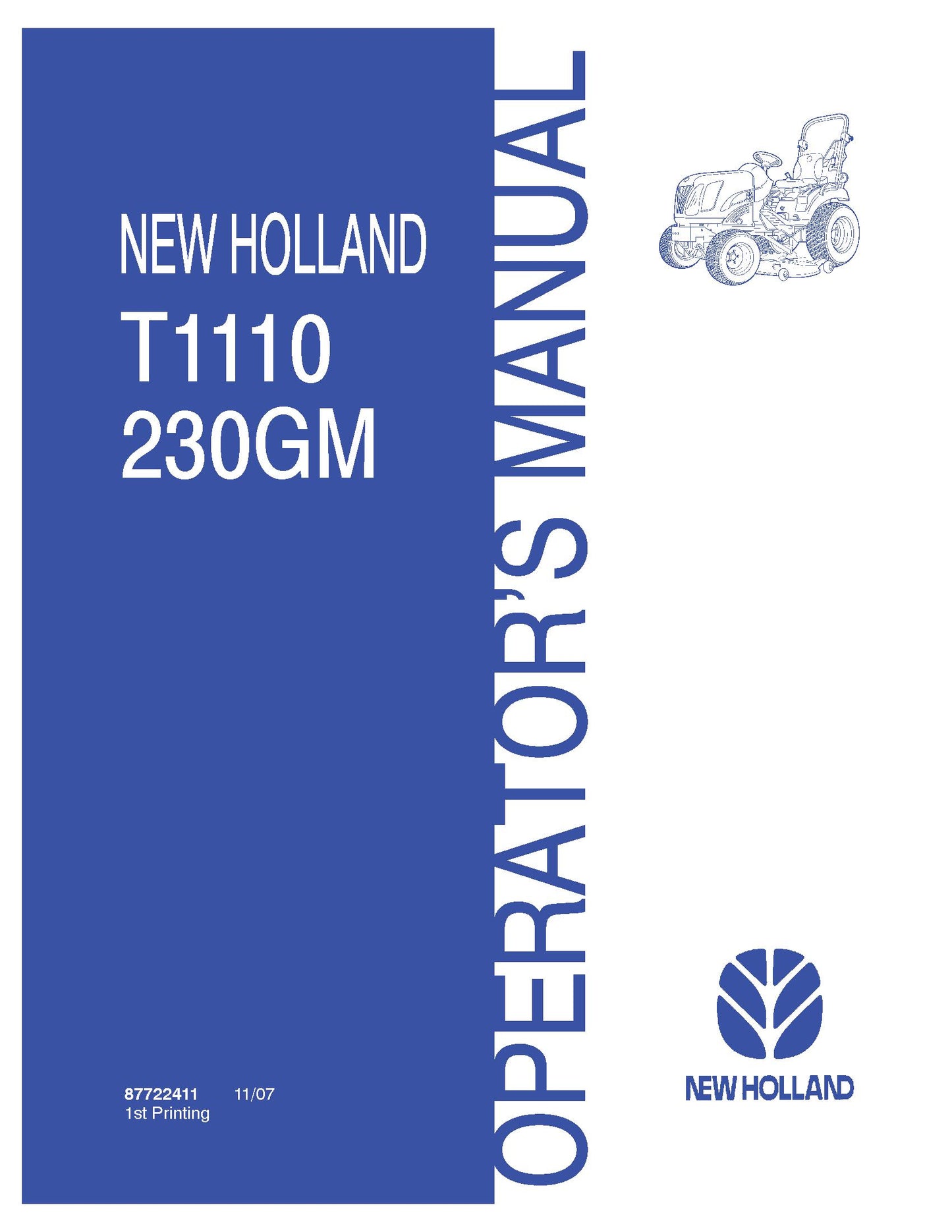 New Holland T1110 tractor and 230GM Mid-Mount Mower Deck Operator's Manual (87722411)