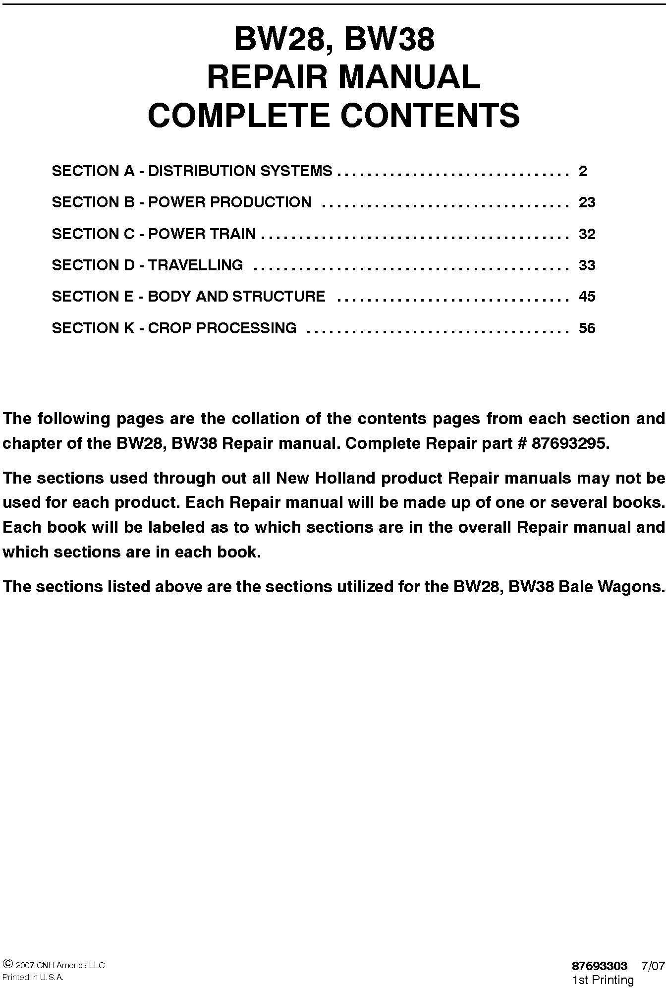 New Holland BW28, BW38 Service Repair Manual 87693295