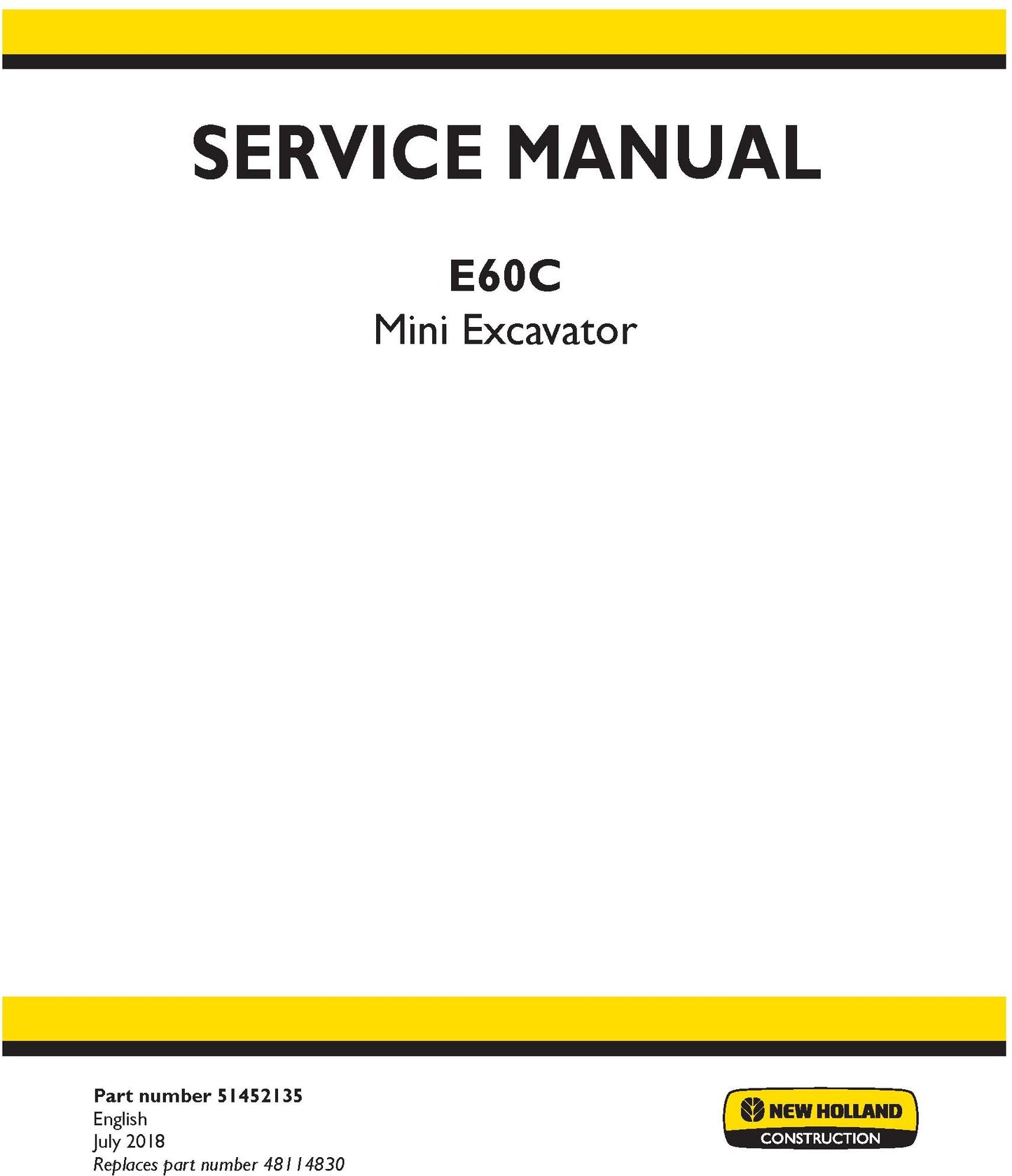 New Holland E60C Mini Excavator Service Repair Manual 51452135