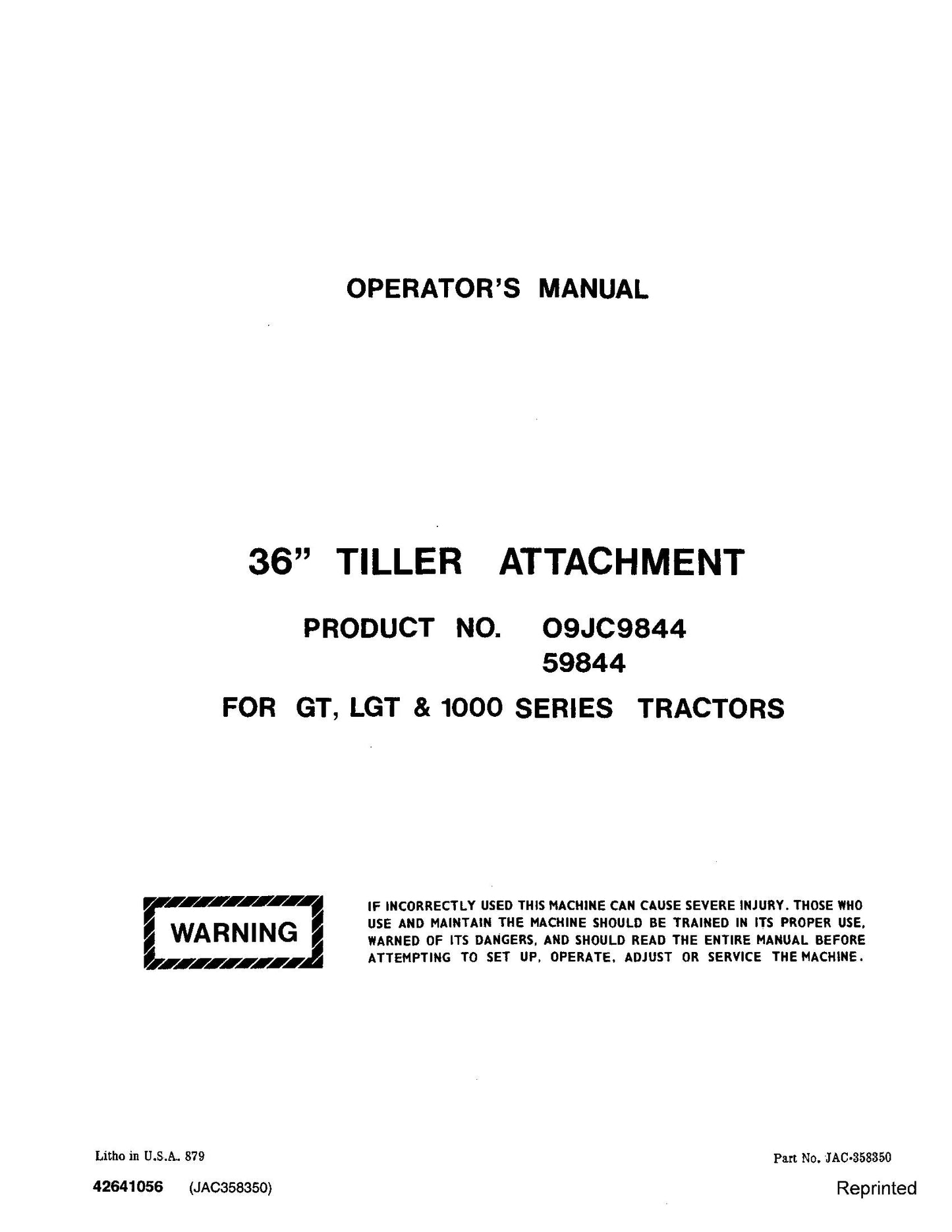 Ford 36 Inch Tiller Attach for GT LGT 1000 Series Operator's Manual (42641056)