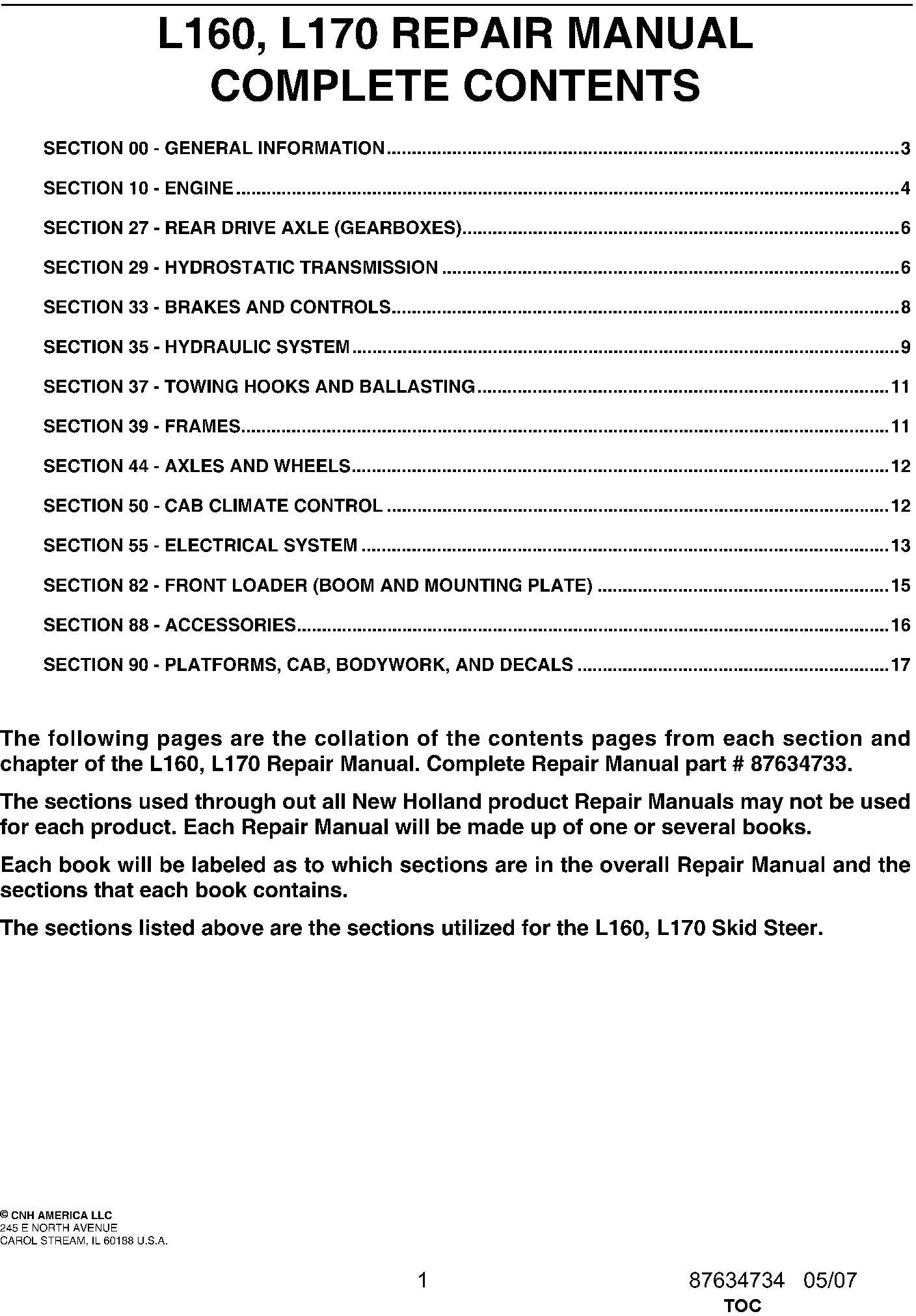 New Holland L 160, L 170 Service Repair Manual 87634733NA