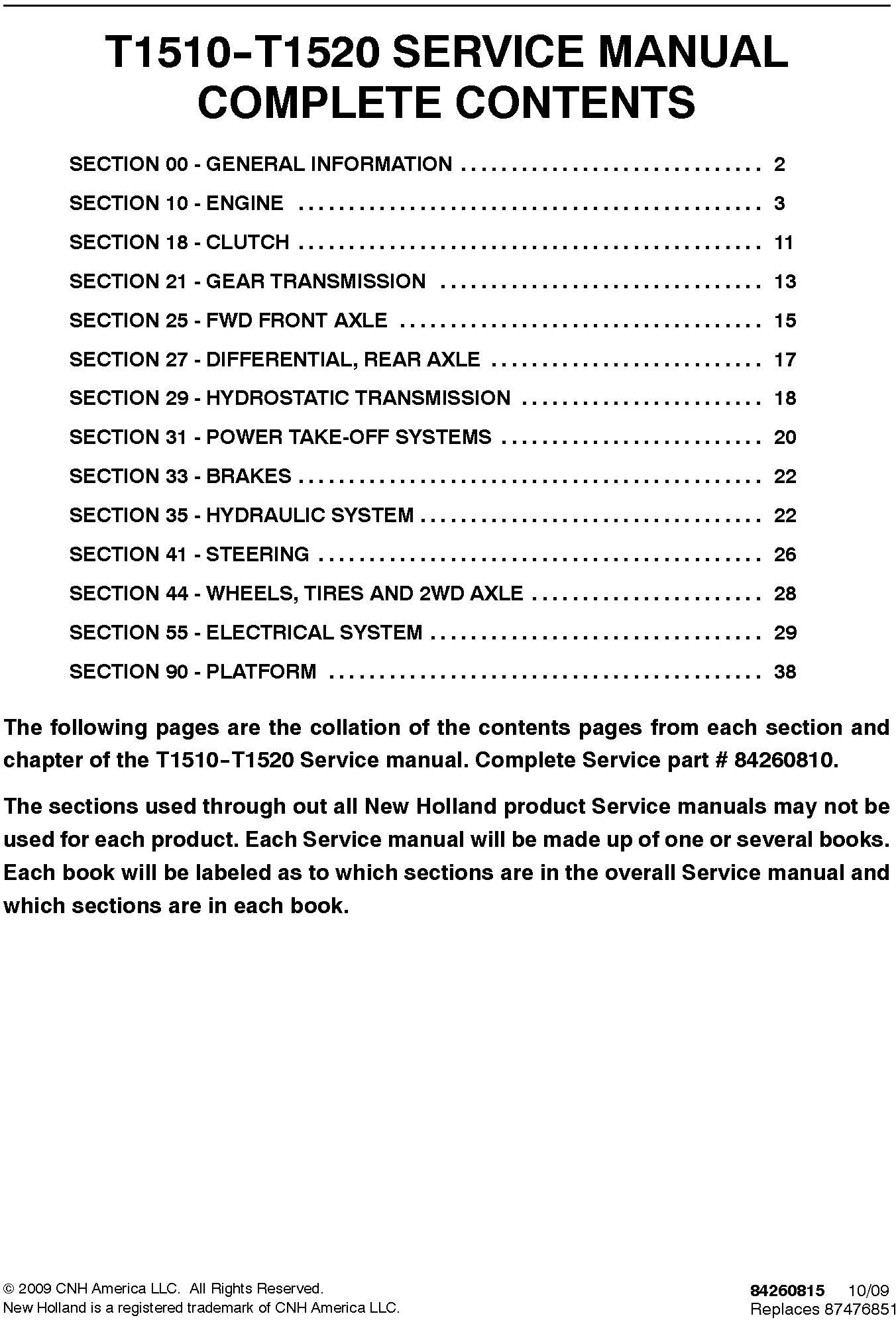 New Holland T1510--T1520 Service Manual 84260810