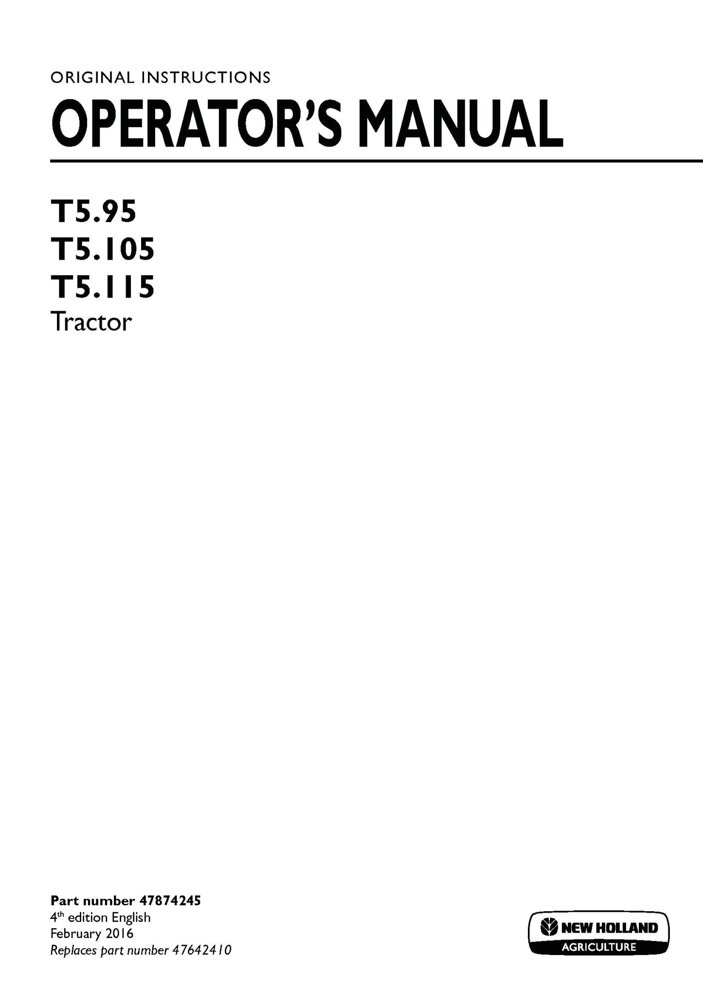 New Holland T5.95, T5.105, T5.115 Tractor Operator Manual (47874245)