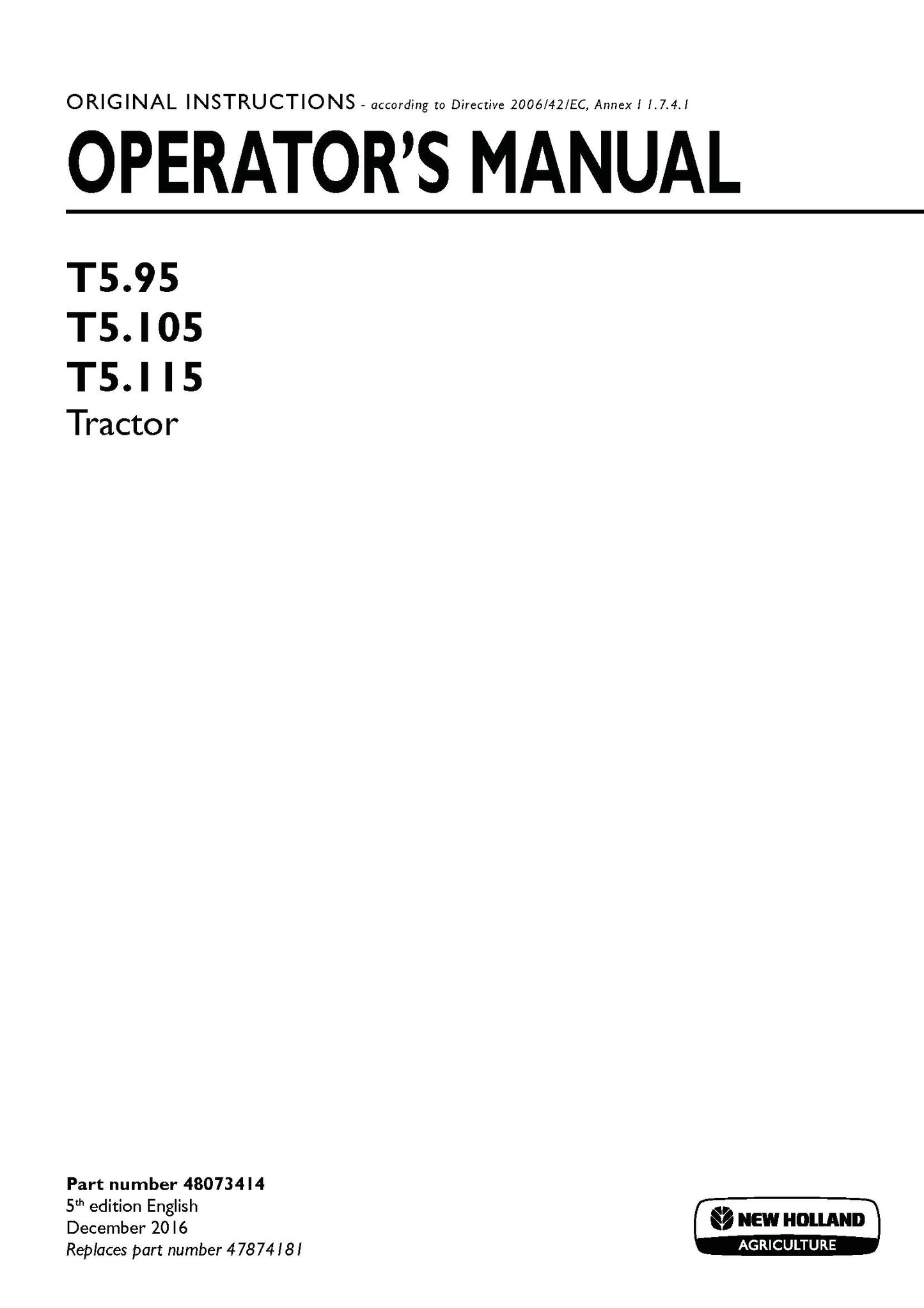 New Holland T5.95, T5.105, T5.115 Tractor Operator Manual (48073414)