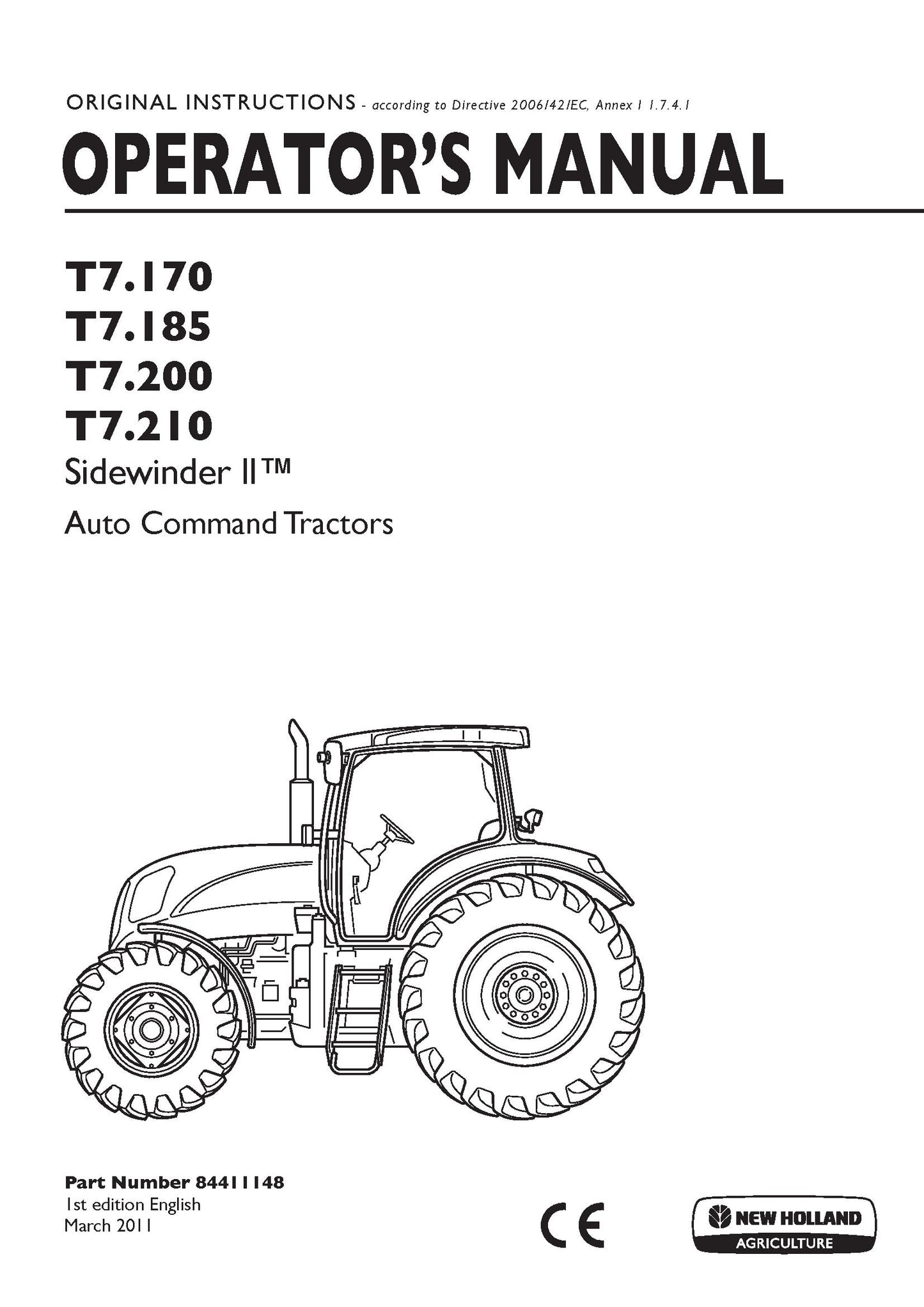 New Holland T7.170 T7.185 T7.200 T7.210 Auto Command Tractors With SideWinder ? Operator Manual (84411148)