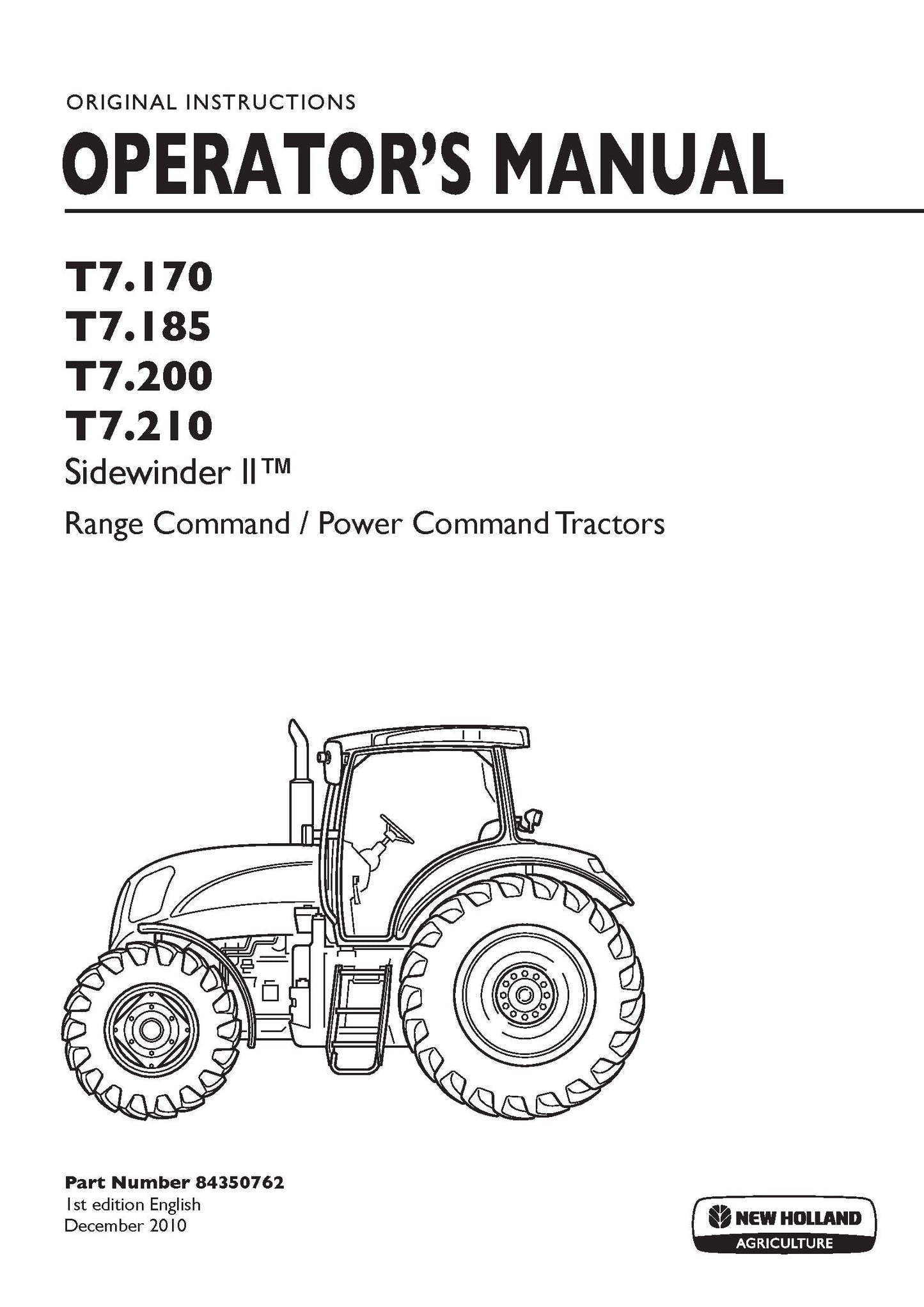New Holland T7.170 T7.185 T7.200 T7.210 RangePower Command, Tractor Operator Manual (84350762)