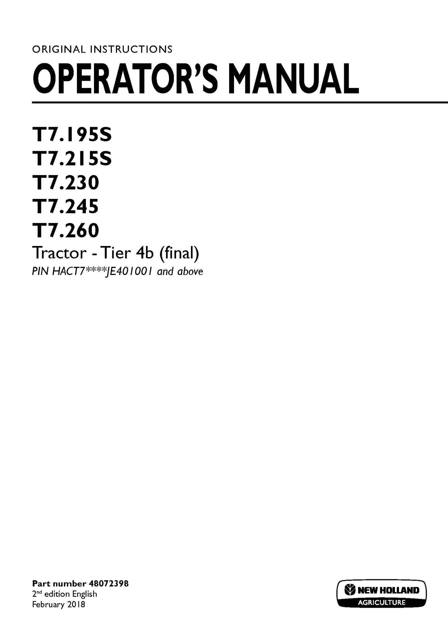 New Holland T7.195S, T7.215S, T7.230, T7.245, T7.260 Tier 4B Tractor Operator Manual (48072398)