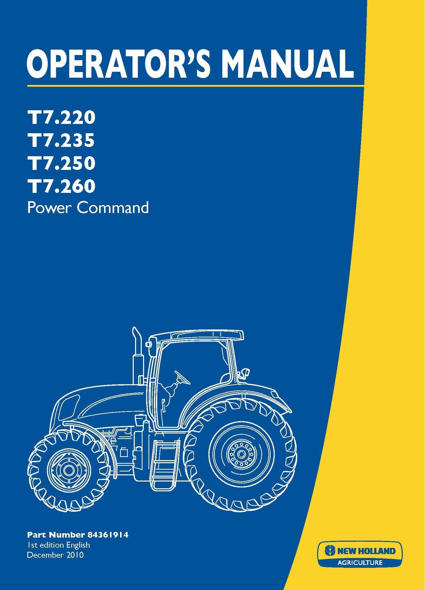 New Holland T7.220 T7.235 T7.250T7.260 Power Command Operator Manual (84361914)