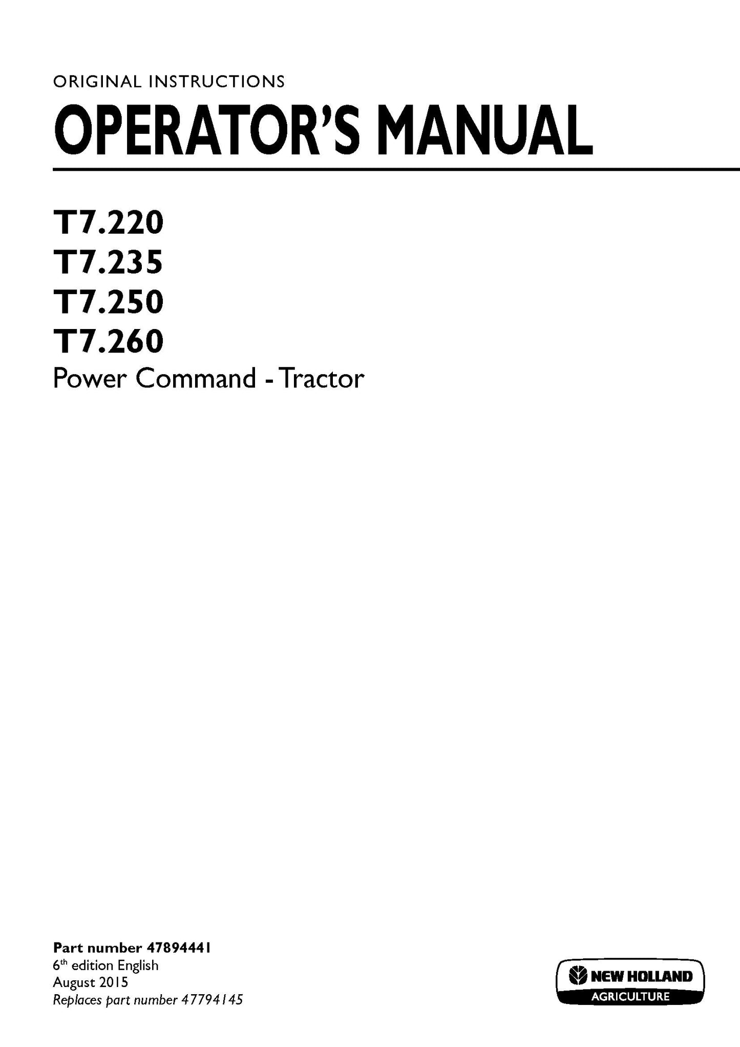New Holland T7.220, T7.235, T7.250, T7.260 Power Command Tractor Operator Manual (47894441)