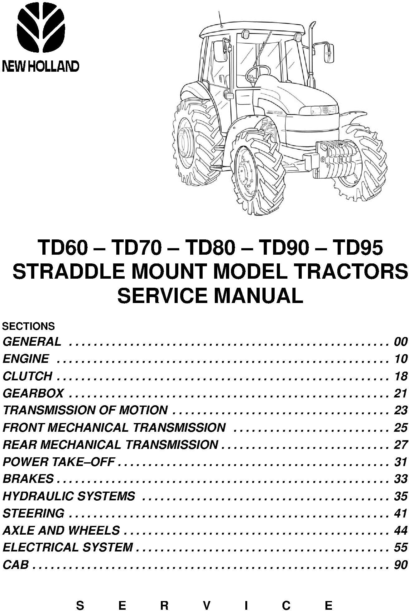 New Holland TD60 TD70 TD80 TD90 TD95 STRADDLE MOUNT MODEL TRACTORS Service Manual 84285908R0