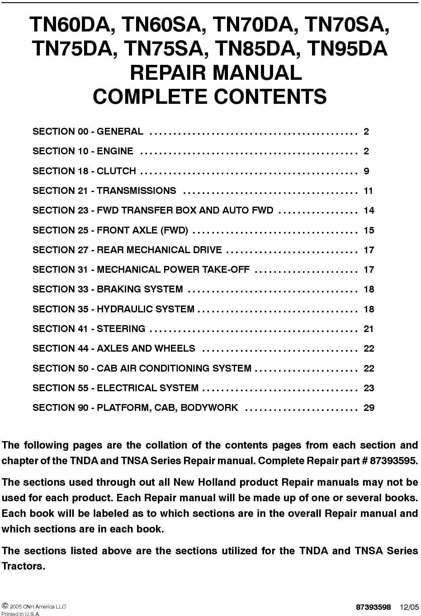 New Holland TN60DA, TN60SA, TN70DA, TN70SA, TN75DA, TN75SA, TN85DA, TN95DA Service Repair Manual 87393595