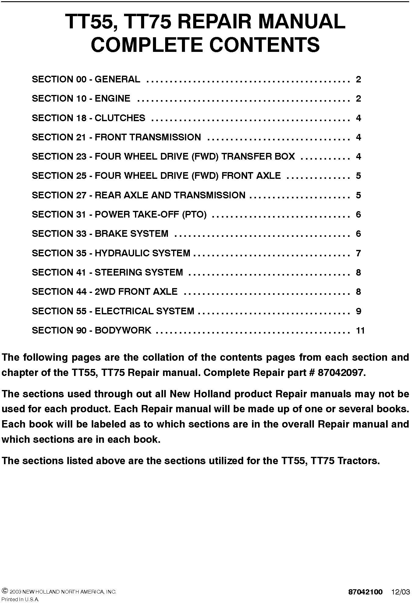 New Holland TT55, TT75 Service Repair Manual 87042097