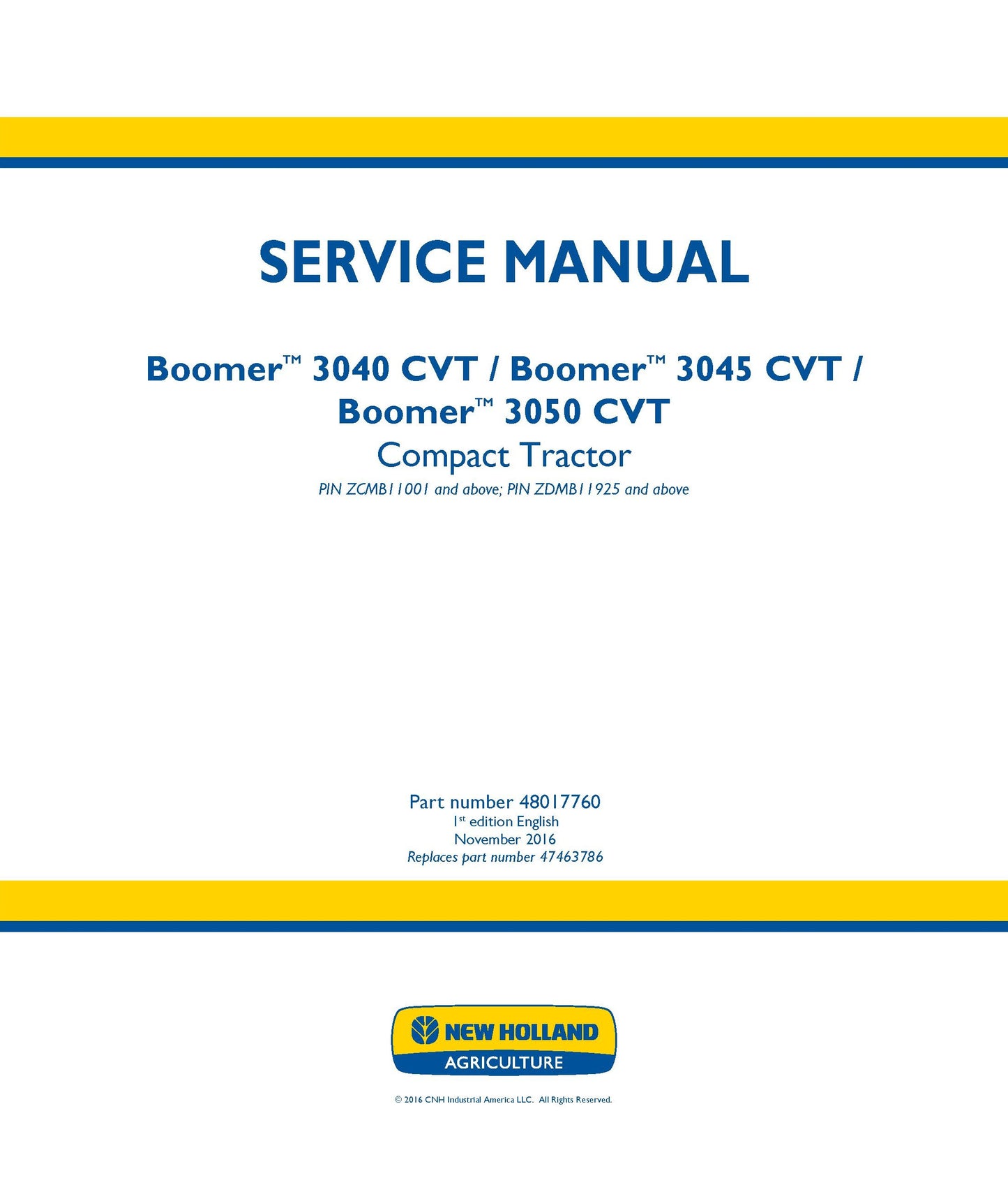 New Holland 3040 3045 3050 CVT Boomer Tractor Service Repair Manual (48017760)