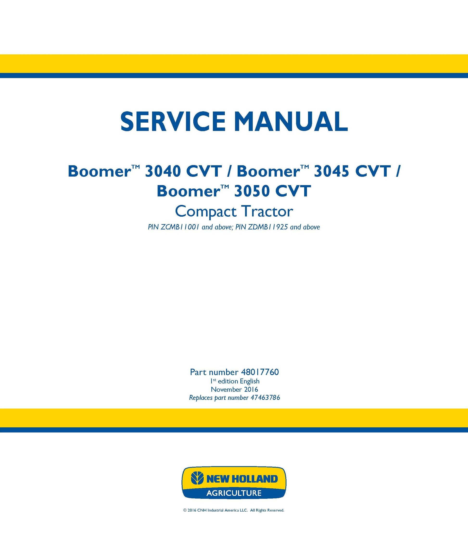 New Holland 3040 3045 3050 CVT Boomer Tractor Service Repair Manual (48017760)