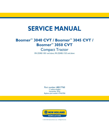 New Holland 3040 3045 3050 CVT Boomer Tractor Service Repair Manual (48017760)