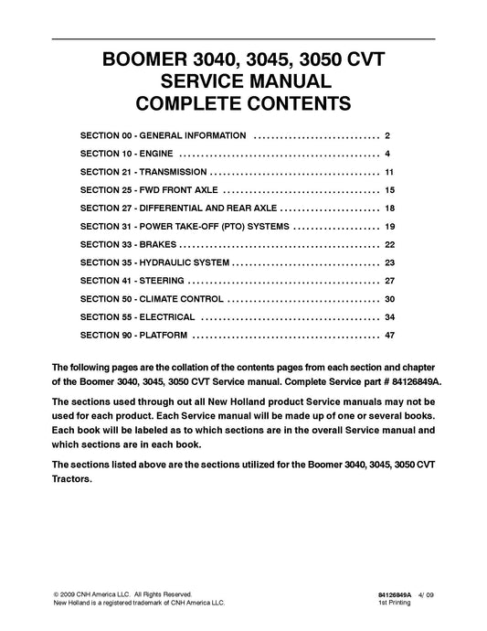 New Holland 3040 3045 3050 CVT Boomer Tractor Service Repair Manual (84126849A)