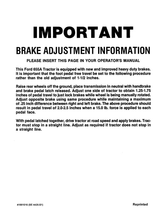 Ford 655A Brake Adj Operator's Manual (41881016)