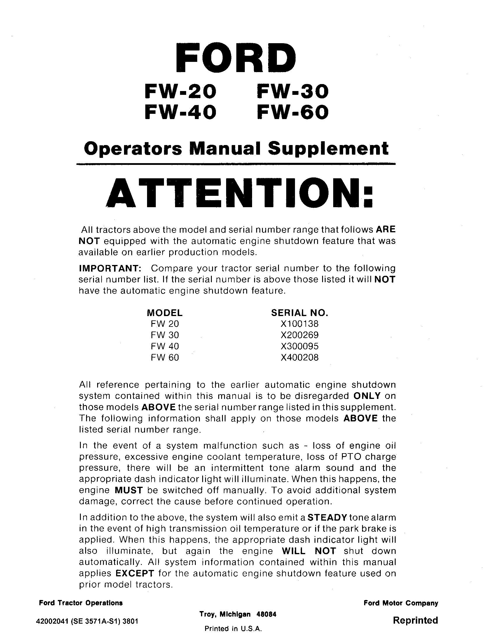 Ford -asi Fw 20 30 40 60 OM Suppl Operator's Manual (42002041)