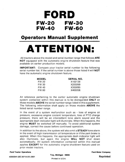 Ford -asi Fw 20 30 40 60 OM Suppl Operator's Manual (42002041)