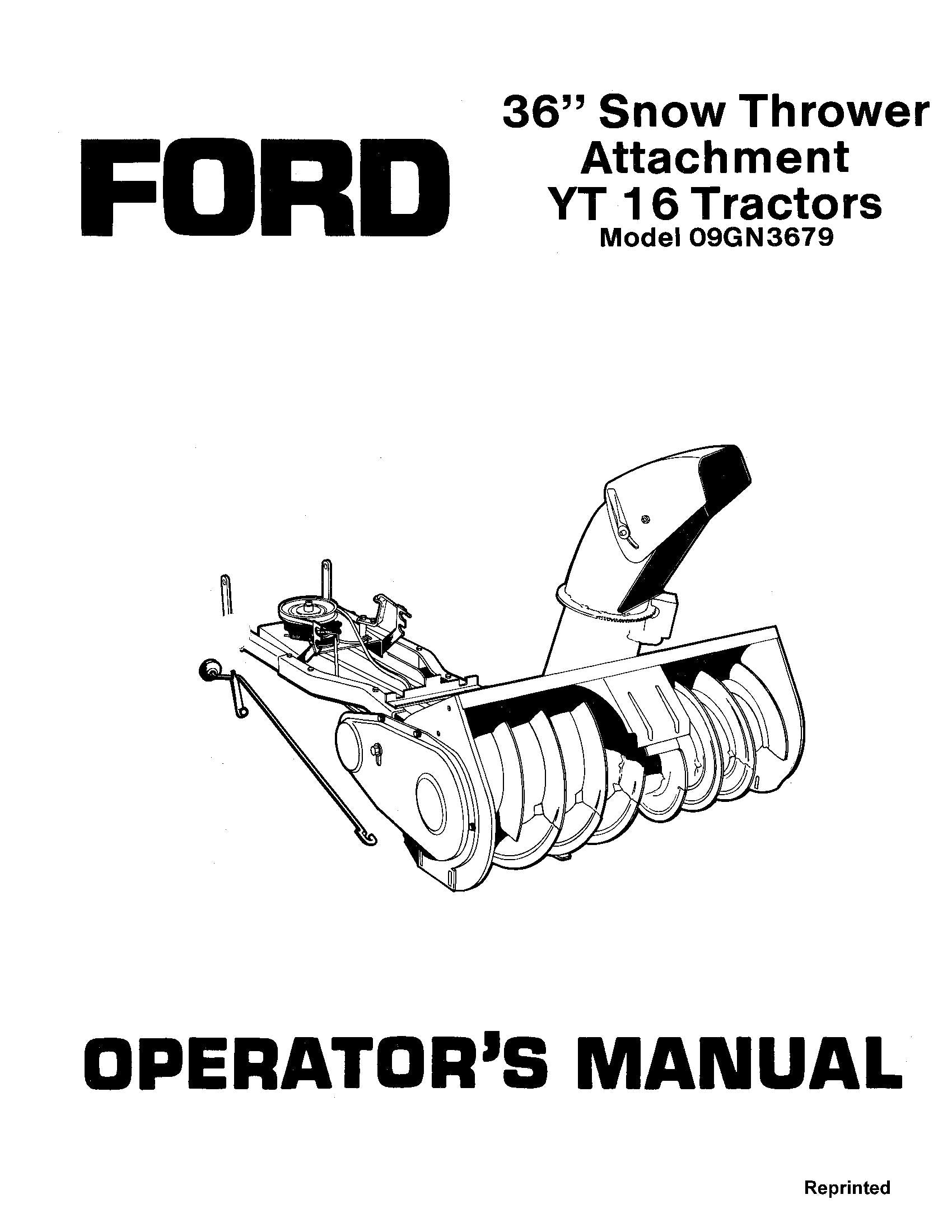 Ford 36 Inch Snow Thrower Attachment on YT16 Tractors 09GN3679 Operator's Manual (42003610)
