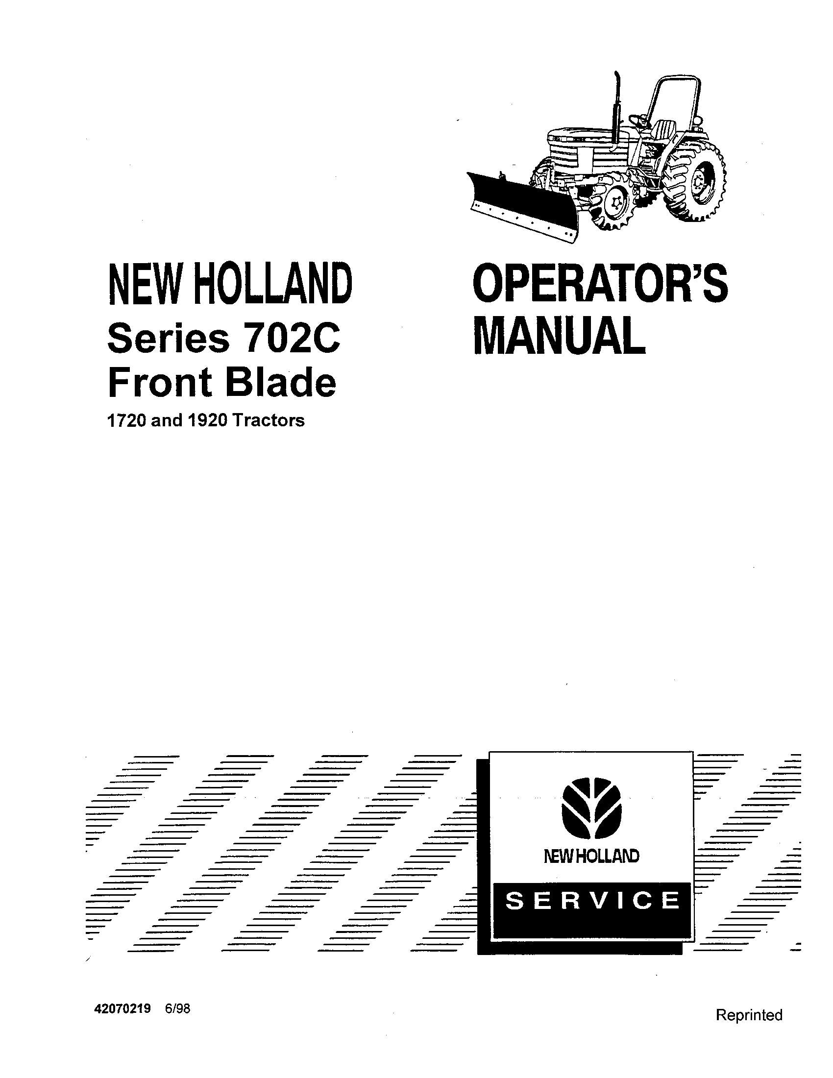 New Holland 702C Front Blade 1720 1920 Tractors Operator's Manual (42070219)