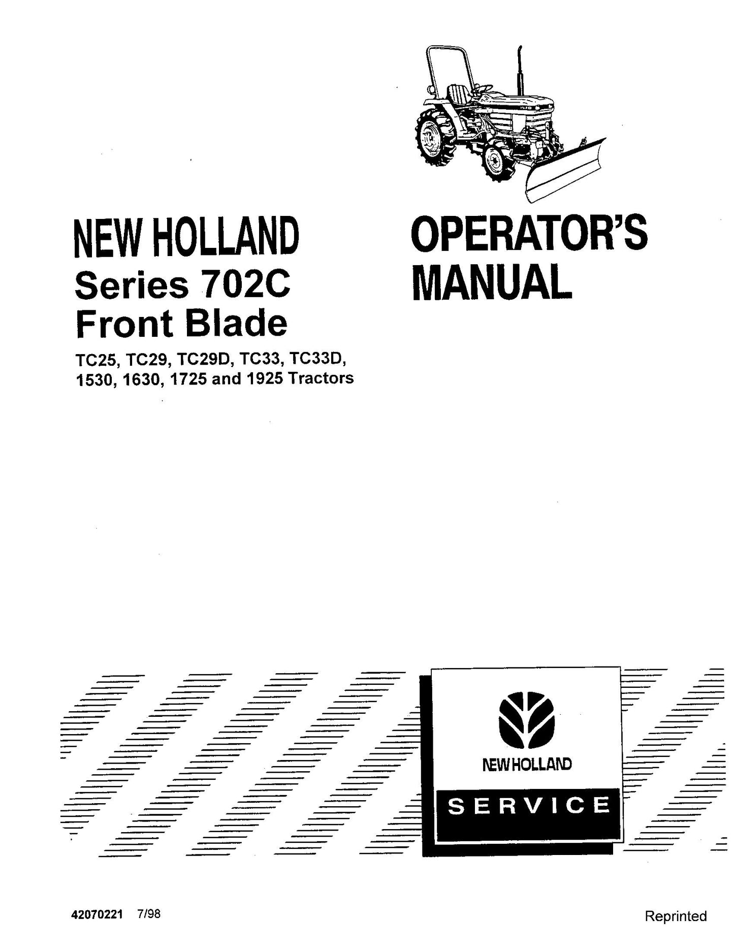 New Holland Series 702c Front Blade on TC TCD 1530 16301725 1925 Operator's Manual (42070221)
