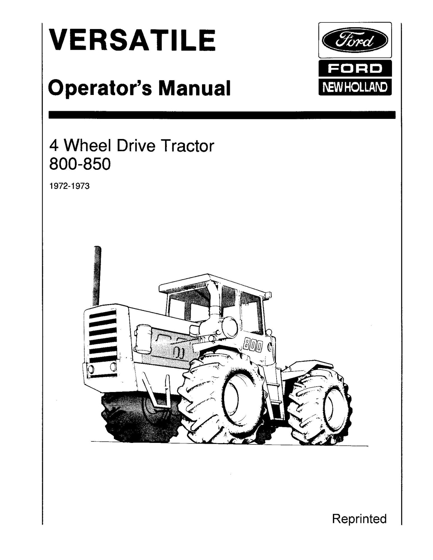 New Holland Ford Versatile 800 850 4WD Tractor 1972-73 Operator's Manual (42080020)