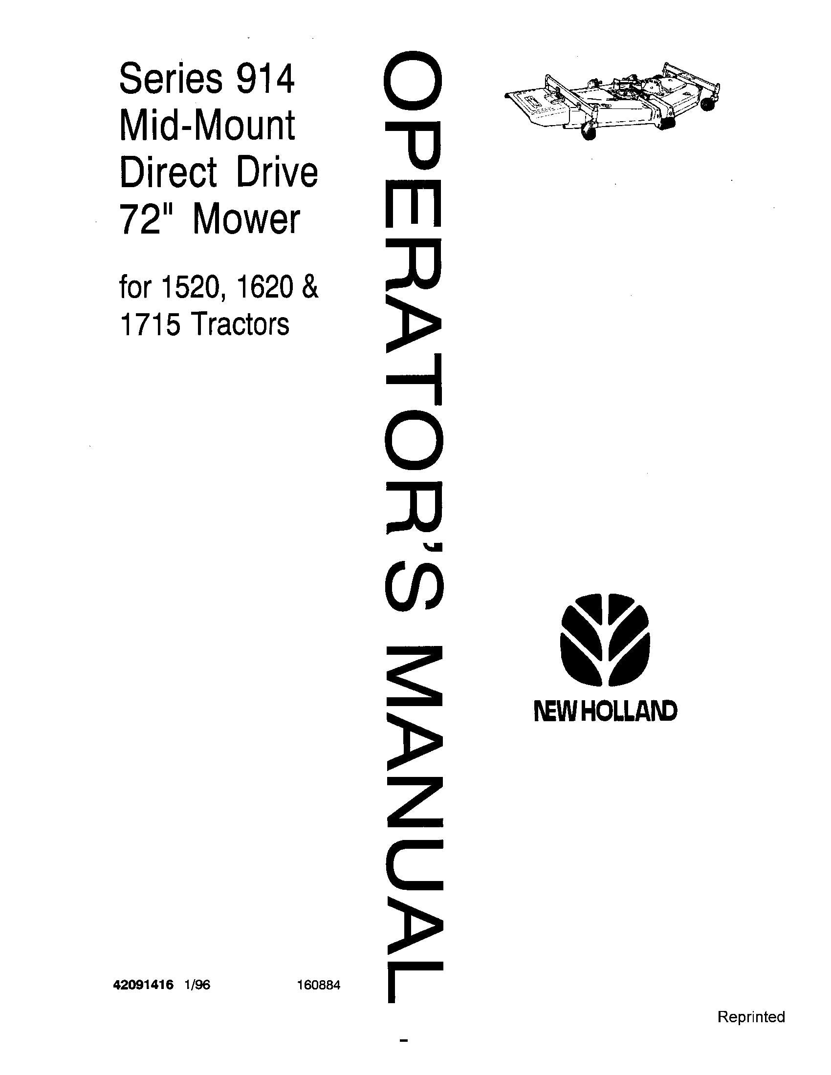 New Holland 914 72 Inch Mid Mount Direct Drive Mover for 1520, 1620, 1715 Tractors Operator's Manual (42091416)