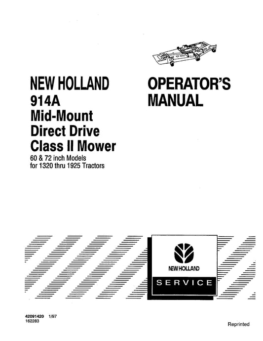 New Holland 914A Mid-Mount Mower Direct Drive ClassII For 1320 1925 Operator's Manual (42091420)