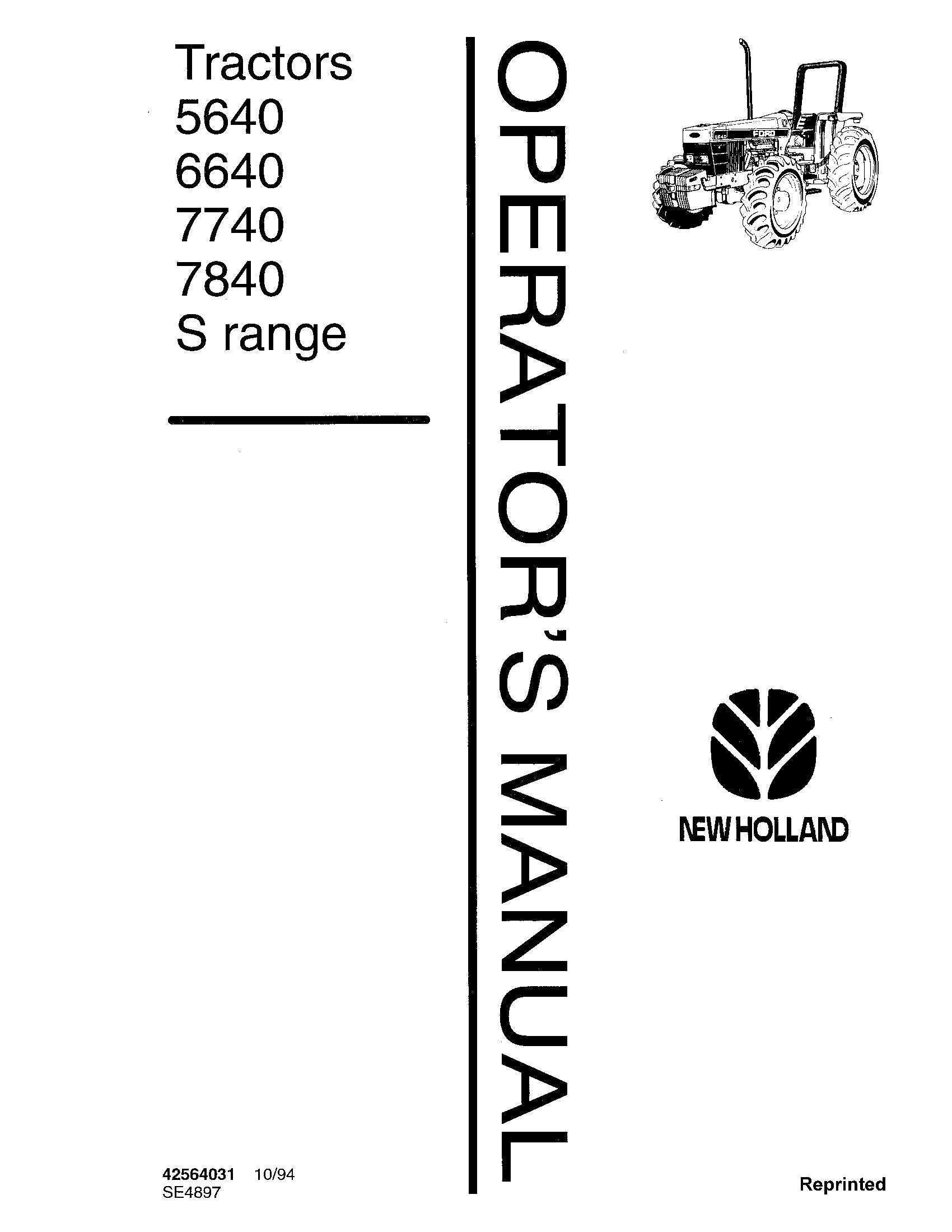 New Holland 5640 6640 7740 7840 S Range Tractor SE4897 Operator's Manual (42564031)
