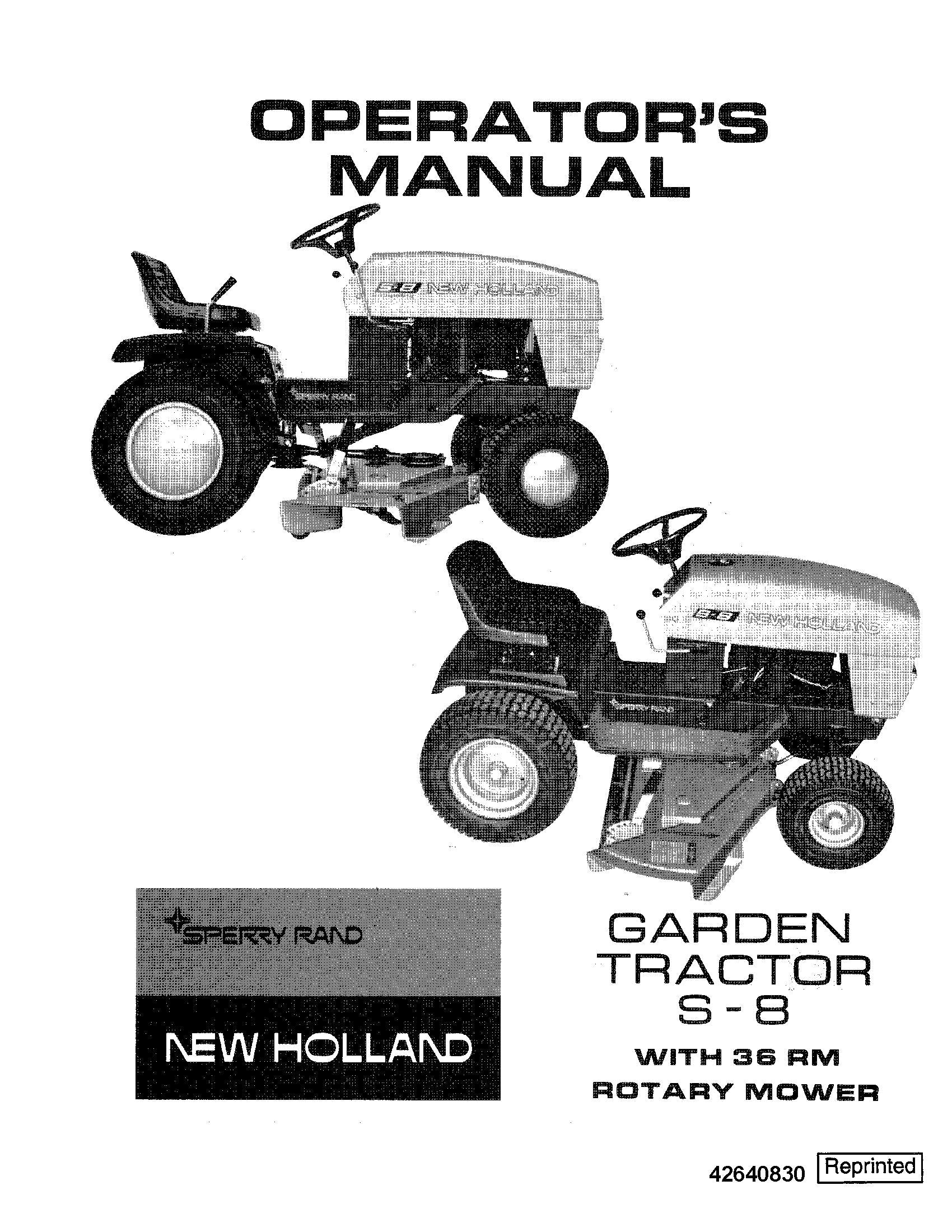 New Holland S8 Garden Tractor with 36 RM Rotary Mower Operator's Manual (42640830)
